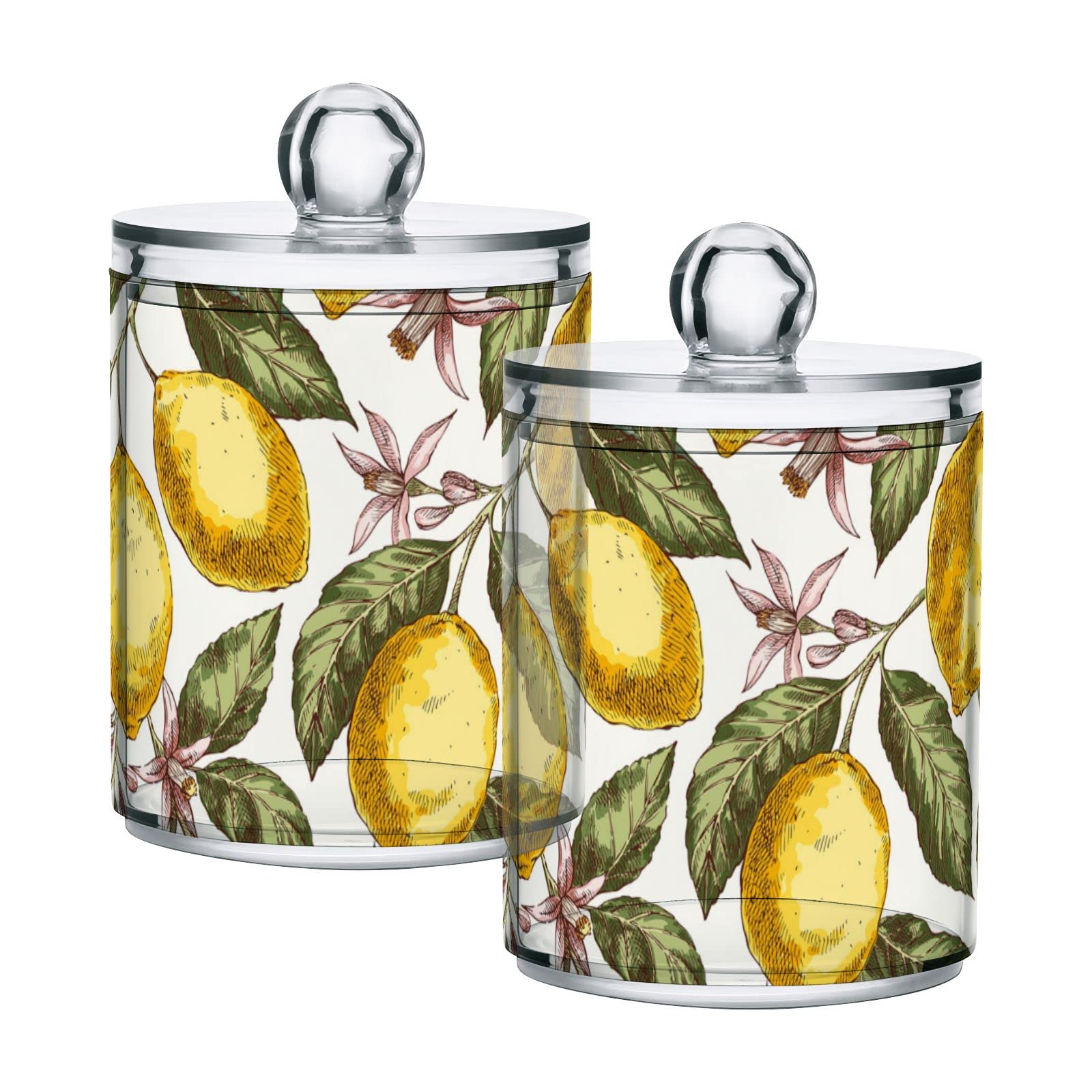 Vintage Yellow Lemons Citrus Fruits with Green Leaves Plastic Storage Jars with Lids - Set of 4 (10 oz Translucent Food Containers) - Perfect for Tea, Cookies, Cotton Swabs & Canning - Kitchen, Pantry & Bathroom Organization
