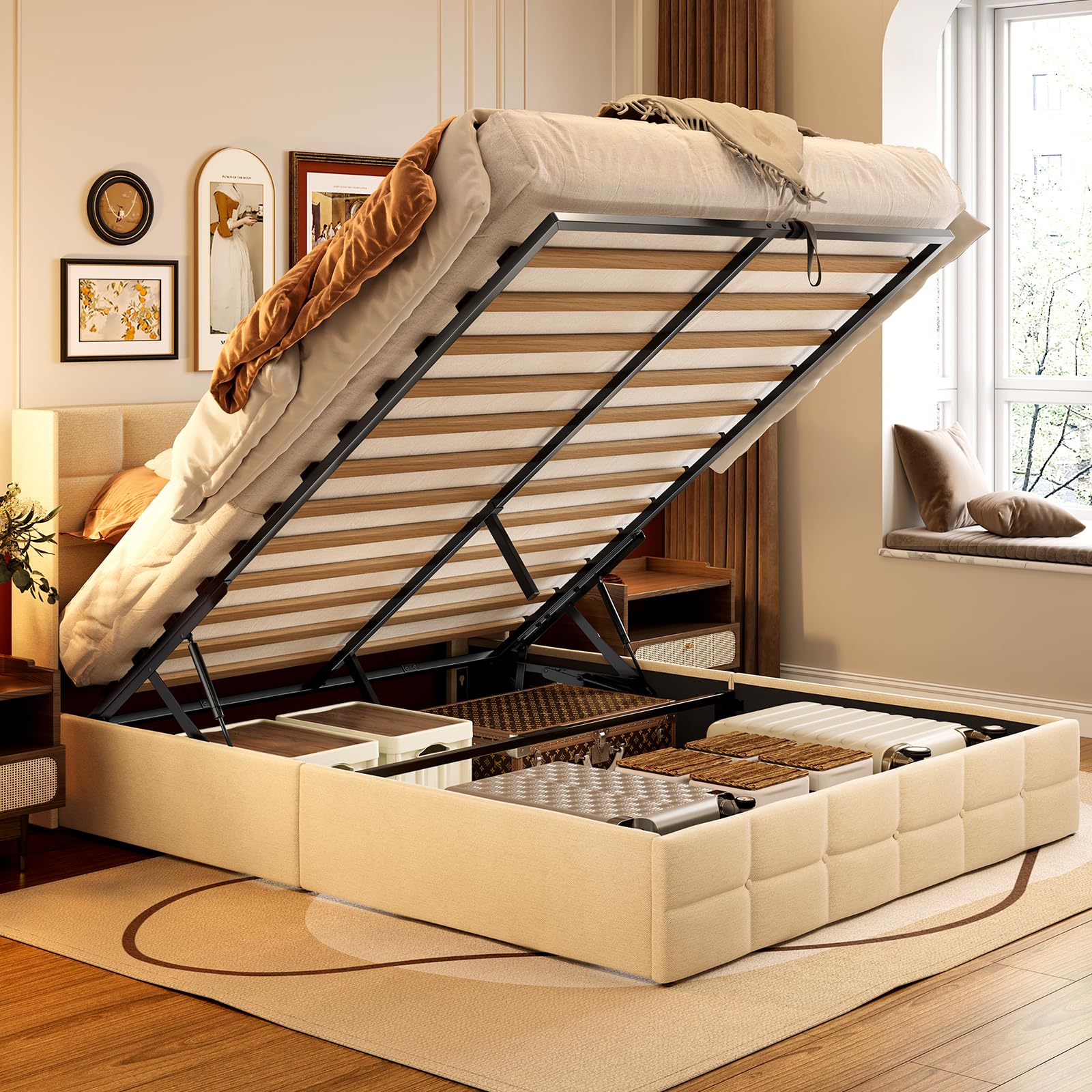 Gizoon Queen Size Upholstered Platform Bed Frame with Lift Up Hydraulic Storage, Wingback Headboard & Wooden Slats - No Box Spring Needed, Beige - Perfect for Small Bedrooms & Modern Home Decor