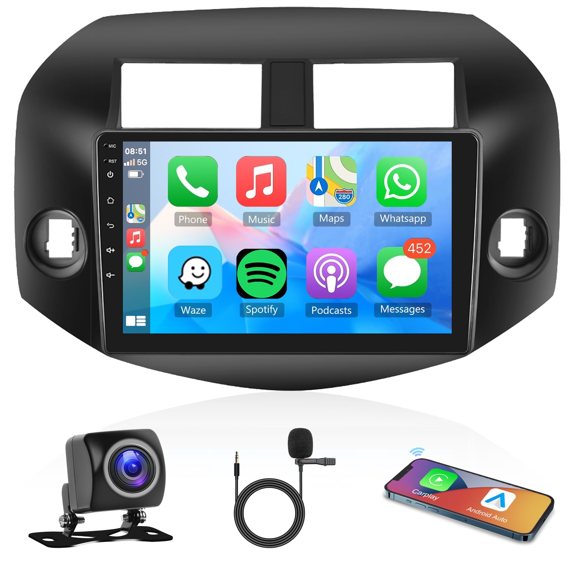 Rimoody 10.1 Inch Android Car Stereo for Toyota RAV4 2007-2011 - Wireless CarPlay & Android Auto, GPS Navigation, Bluetooth, FM, HiFi, WiFi & Backup Camera - Perfect for Road Trips & Daily Commutes