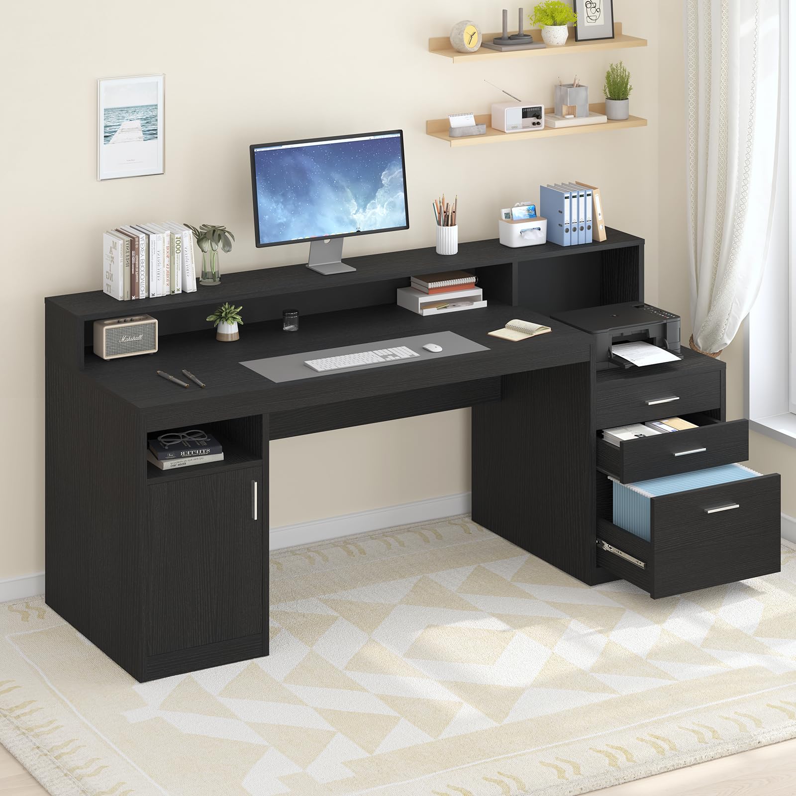 Black Computer Desk with 3 Drawers, Storage Shelves & File Cabinet - Home Office Desk with Monitor Stand & Printer Shelf - Executive Writing Study Table for Small Spaces, Gaming & Remote Work