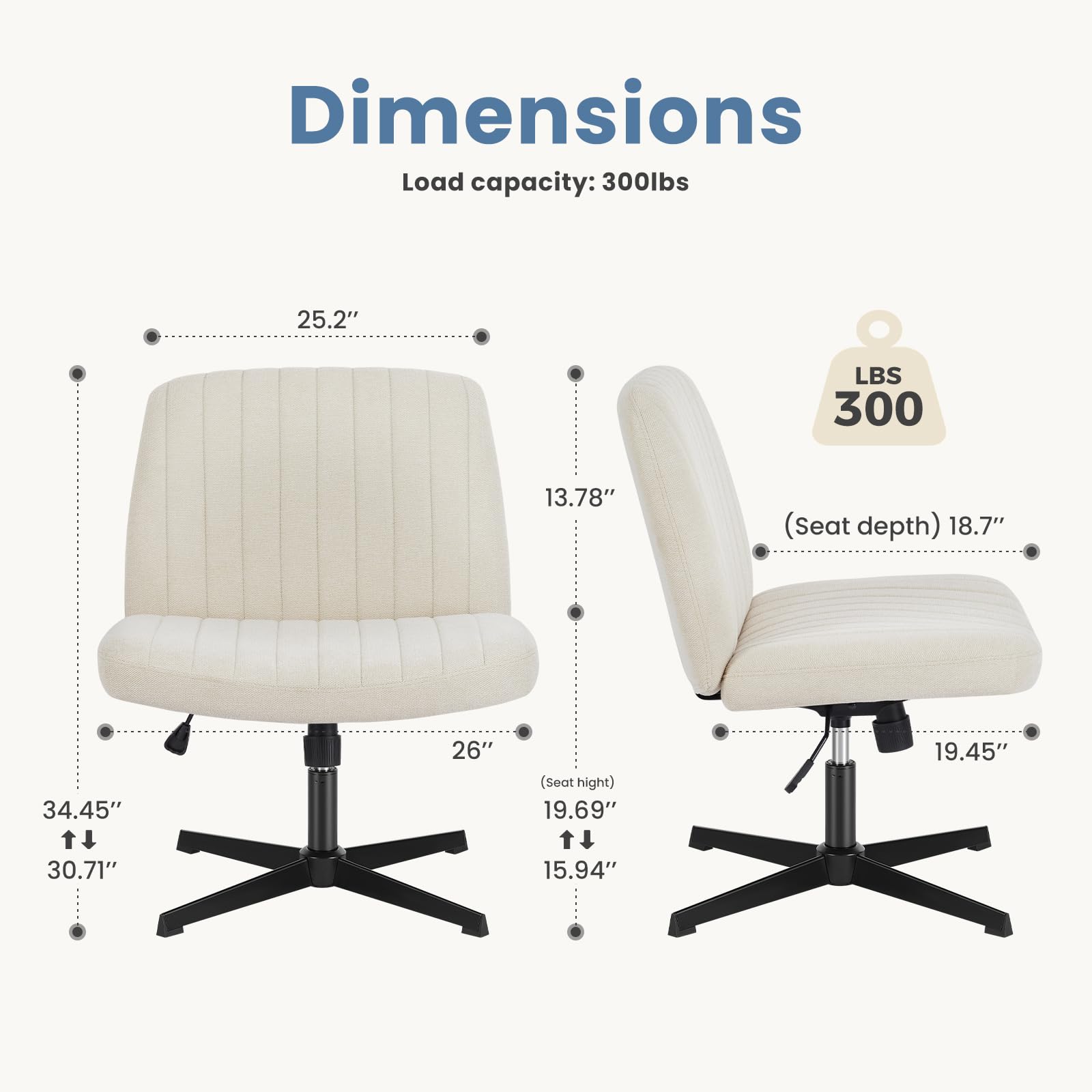 DUMOS Cross Legged Office Chair - Armless Wide Home Desk Seat No Wheels, Modern Swivel Adjustable Fabric Chair for Bedroom & Office - Perfect for Meditation, Reading & Small Space Workstations