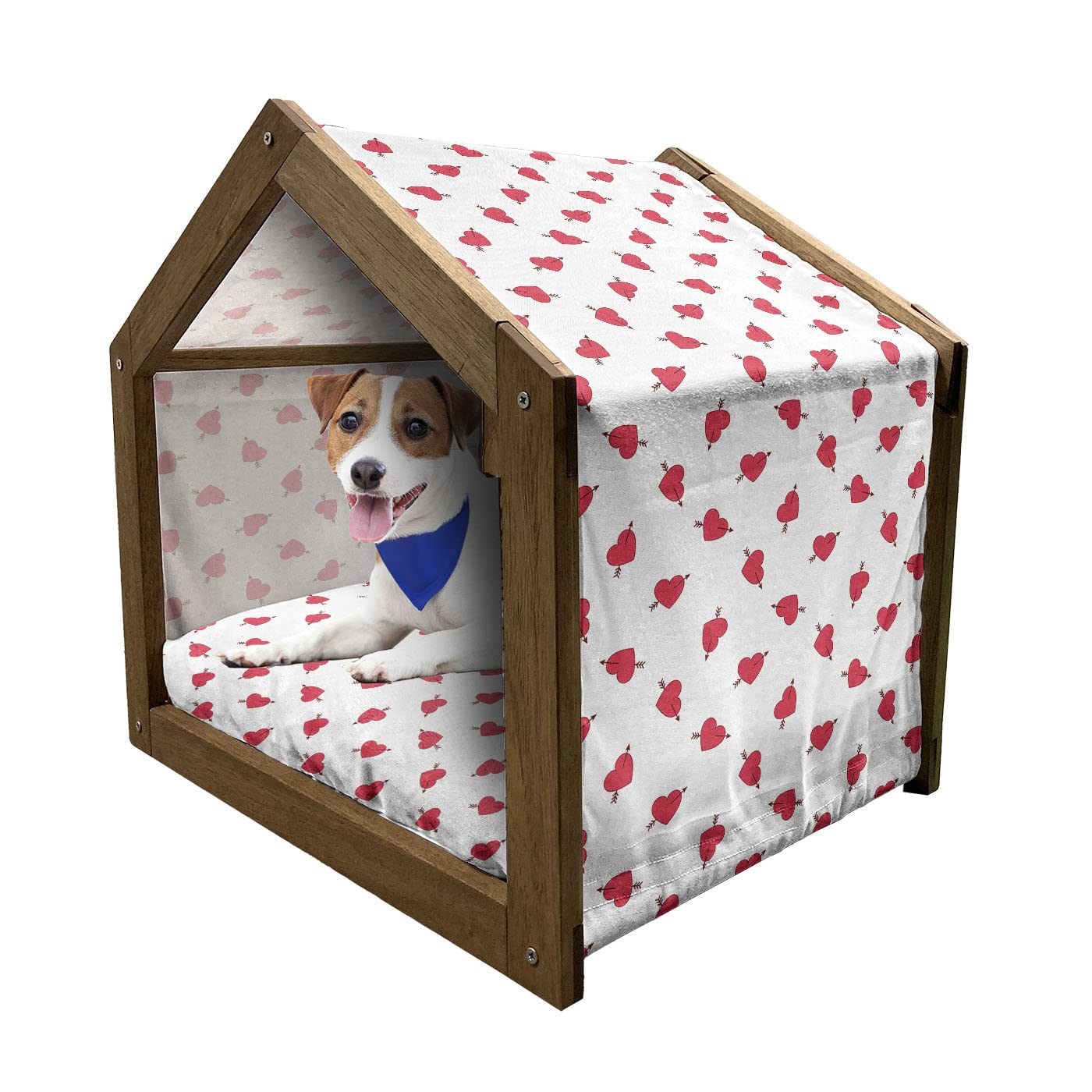 Ambesonne Valentine's Day Wooden Pet House - Cartoon Hearts with Arrows Love Pattern Indoor Outdoor Portable Dog Kennel with Pillow & Cover - Small Size Dark Coral Brown White - Perfect for Home Decor & Backyard Use