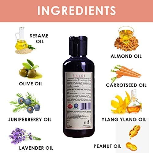 KHADI RISHIKESH Herbal Lavender & Ylang Ylang Massage Oil - 210ml Natural Body Moisturizer for Women & Men - Relaxing Full Body Massage & Aromatherapy Oil for Stress Relief & Skin Hydration