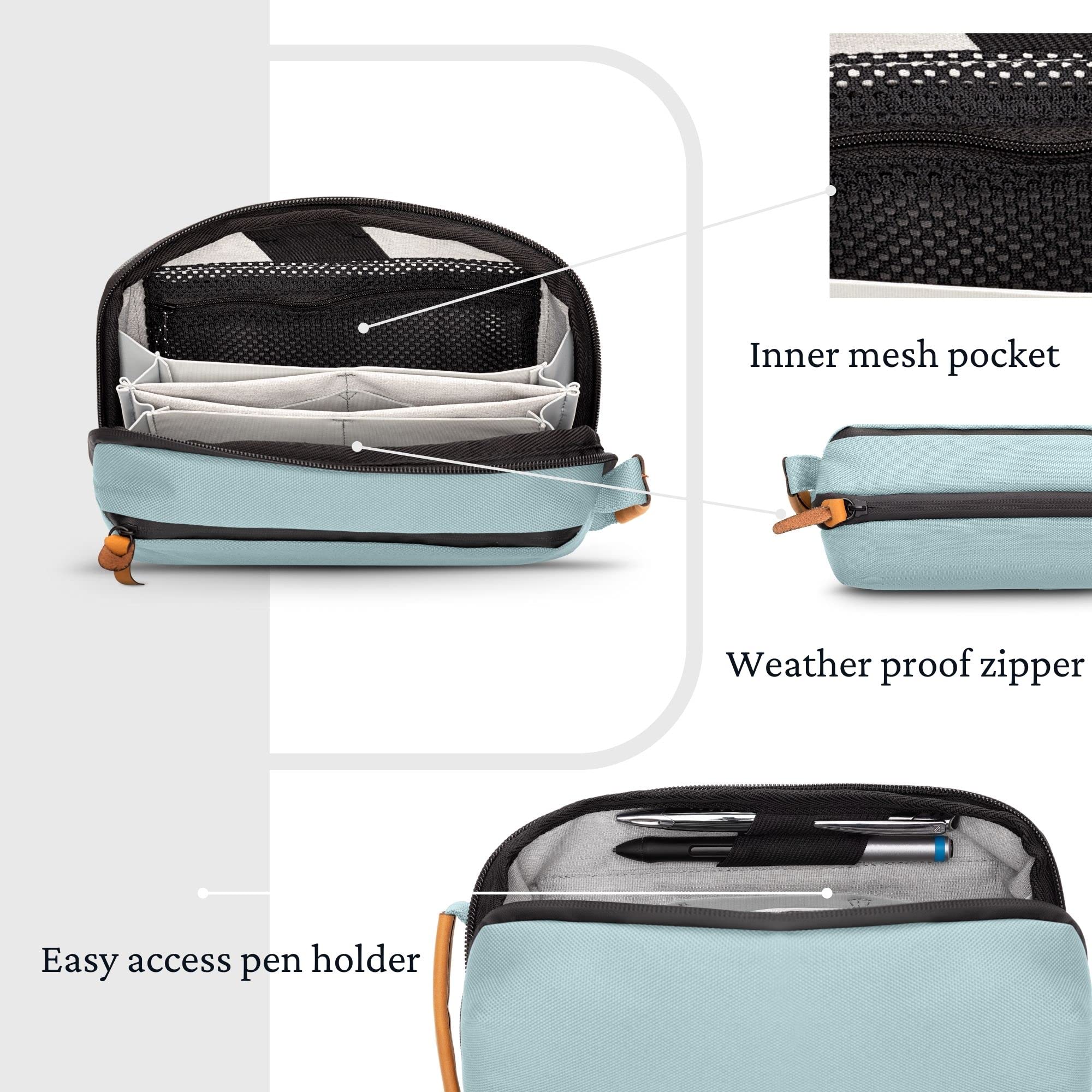 Premium Tech Bag Organizer - Small Electronics Travel Pouch with Leather Accents & Mesh Pockets for Cables, Chargers & Accessories (Dusty Teal) - Perfect for Business Trips, Commuting & Daily Organization