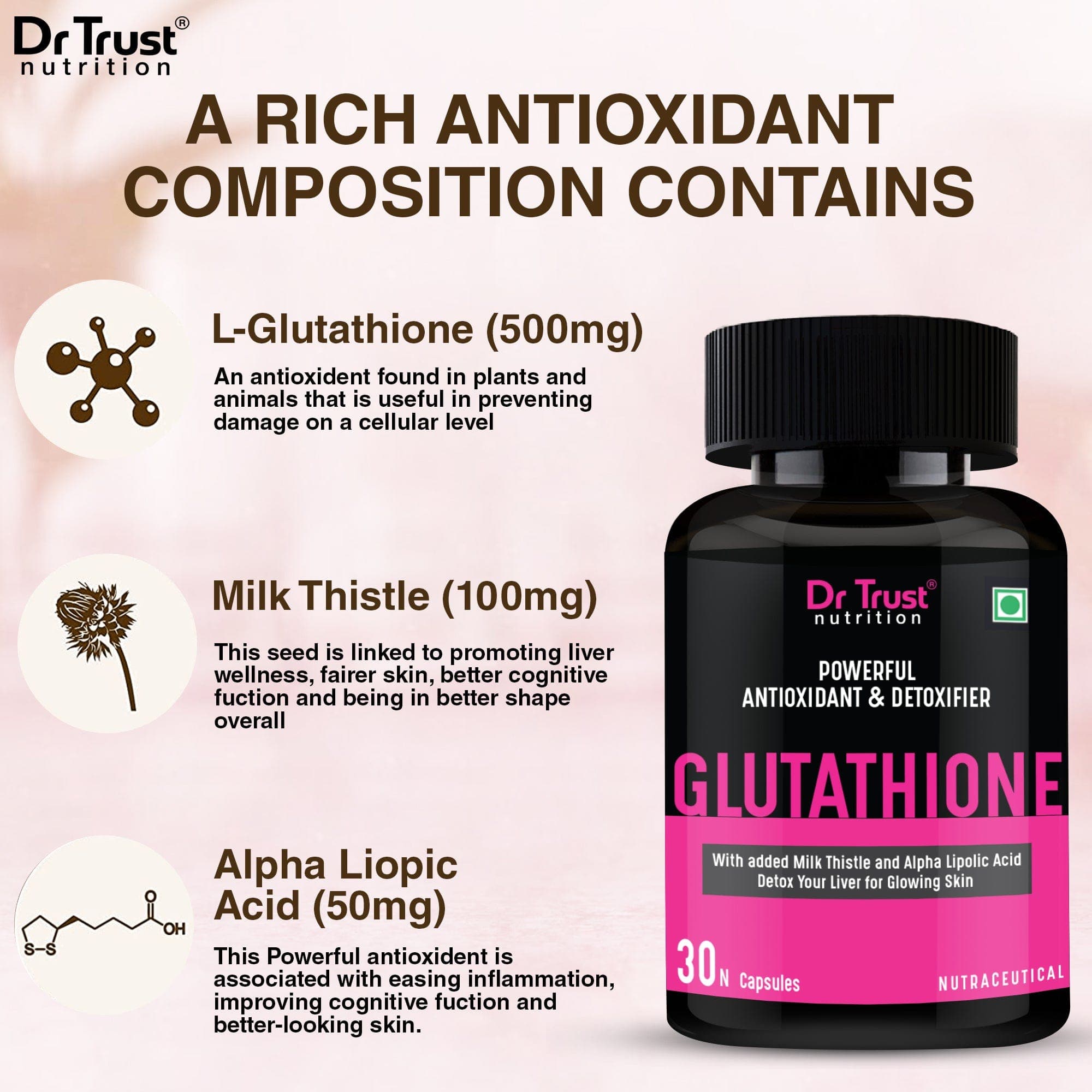 Dr Trust USA Glutathione 500mg Vegetarian Capsules - 722 Count | Antioxidant Support for Skin Whitening & Detox | Expiry Nov 2023 | Perfect for Daily Wellness Routine & Anti-Aging Care