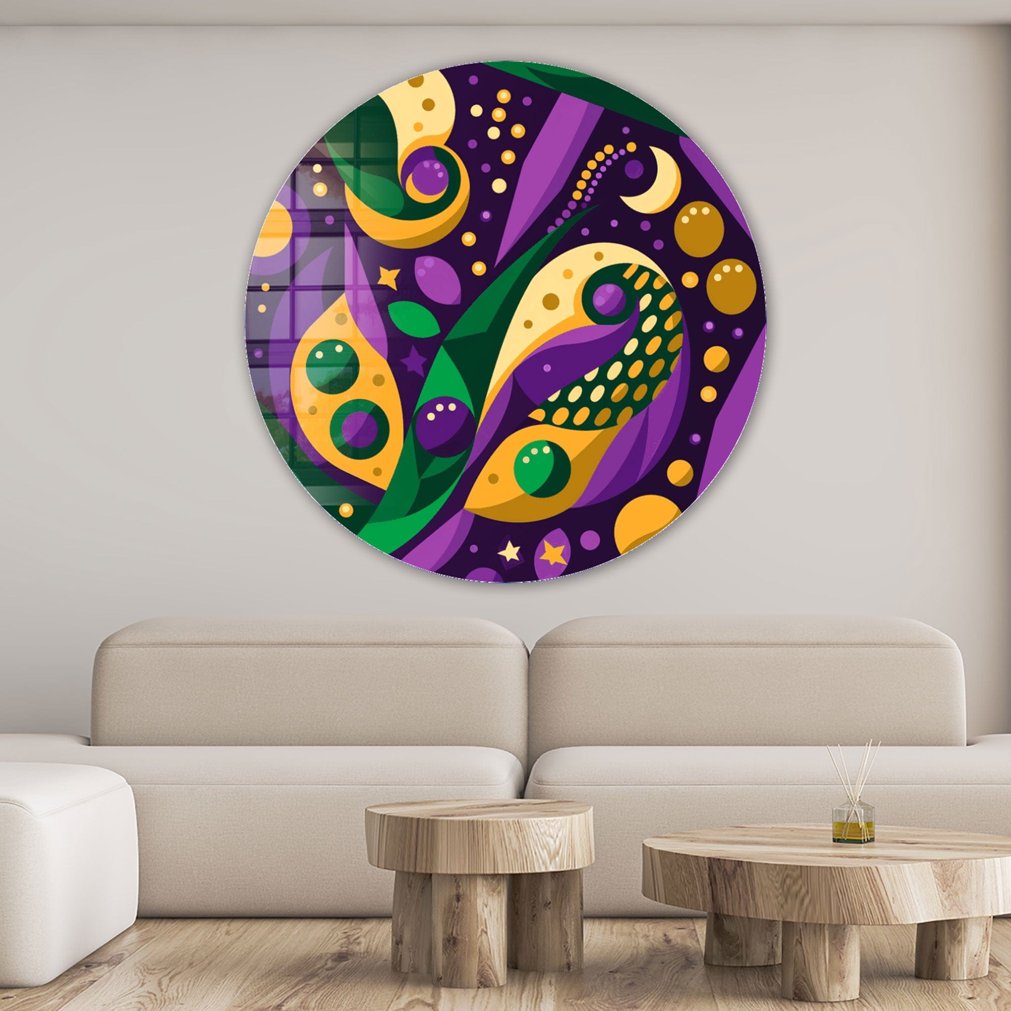 Geometric Purple Rounded Glass Wall Art - Modern Home Decor for Living Room, Bedroom & Office - Handmade Glass Artwork for Stylish Interior Design