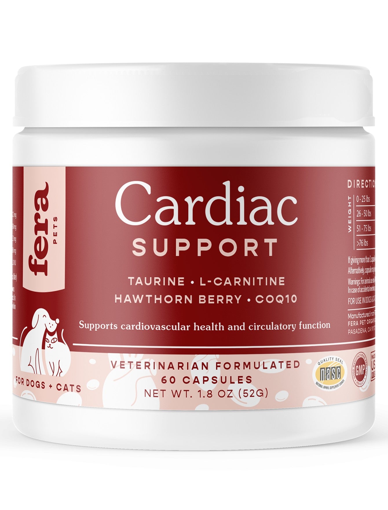 Fera Pet Organics Cardiac Support Supplement for Dogs & Cats - 60 Capsules | Heart Health Support for Pets | Vet-Recommended Formula for Senior Dogs & Cats with Heart Conditions