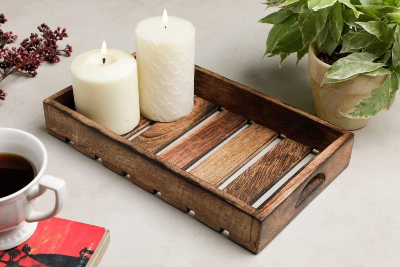 Artsio Handmade Wooden Rectangular Serving Tray - Rustic Farmhouse Decorative Ottoman Tray for Breakfast in Bed, Cheese Platter, Tea, Coffee & Cocktails | Perfect for Kitchen, Dining & Bar Use
