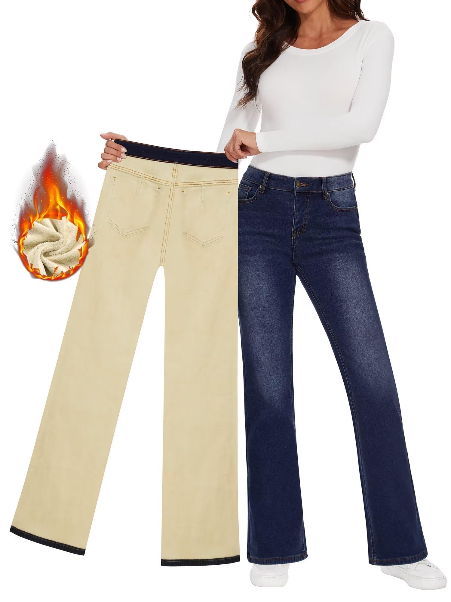 Women's High Waisted Fleece Lined Wide Leg Jeans - Winter Warm Baggy Pants for Casual Outfits & Cold Weather Fashion