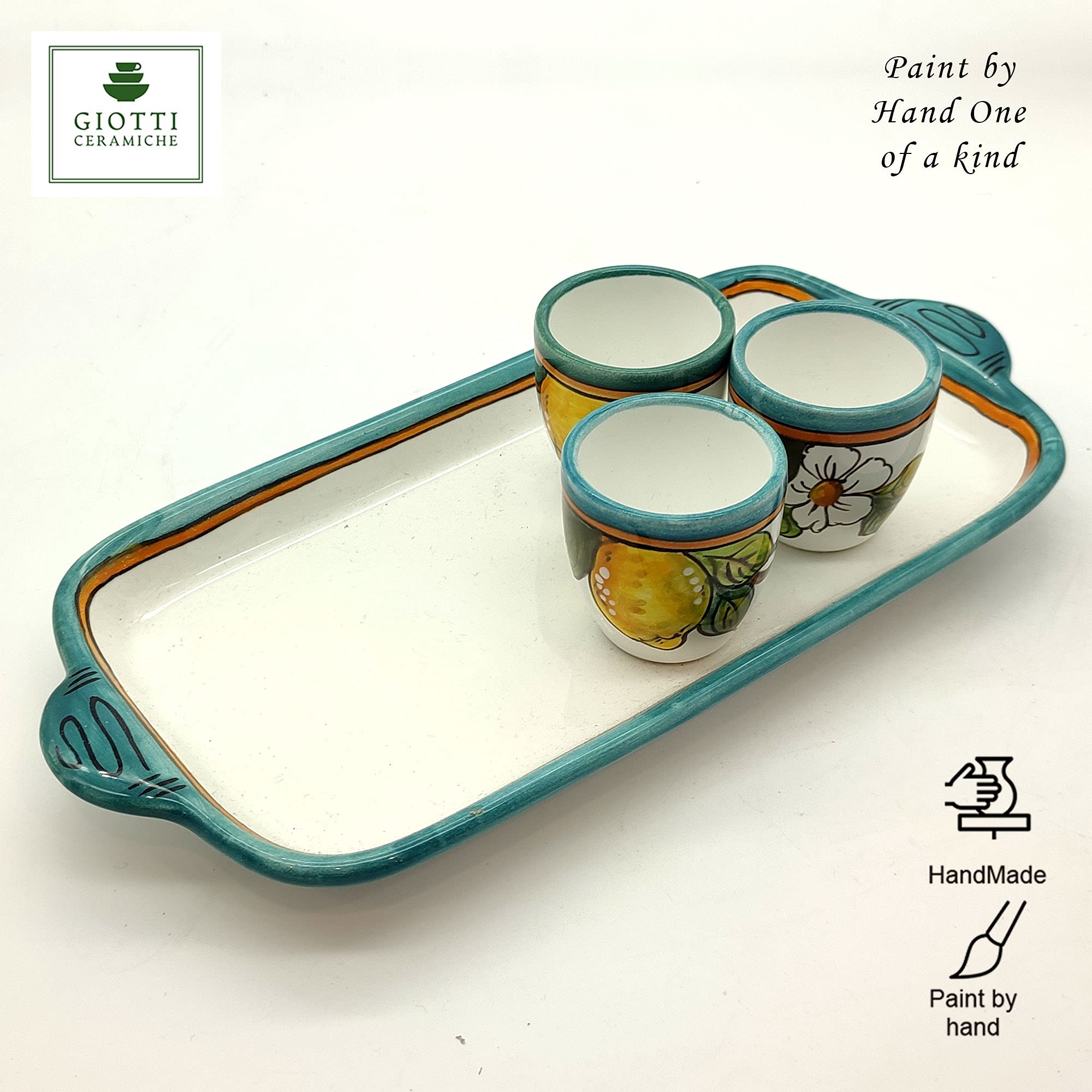 Italian Hand-Painted Limoncello Ceramic Set - 6 Shot Glasses with Lemon Design Tray - Authentic Tuscan Pottery for Kitchen & Home Decor | Perfect for Limoncello Tasting, Italian-Themed Parties & Gift Giving