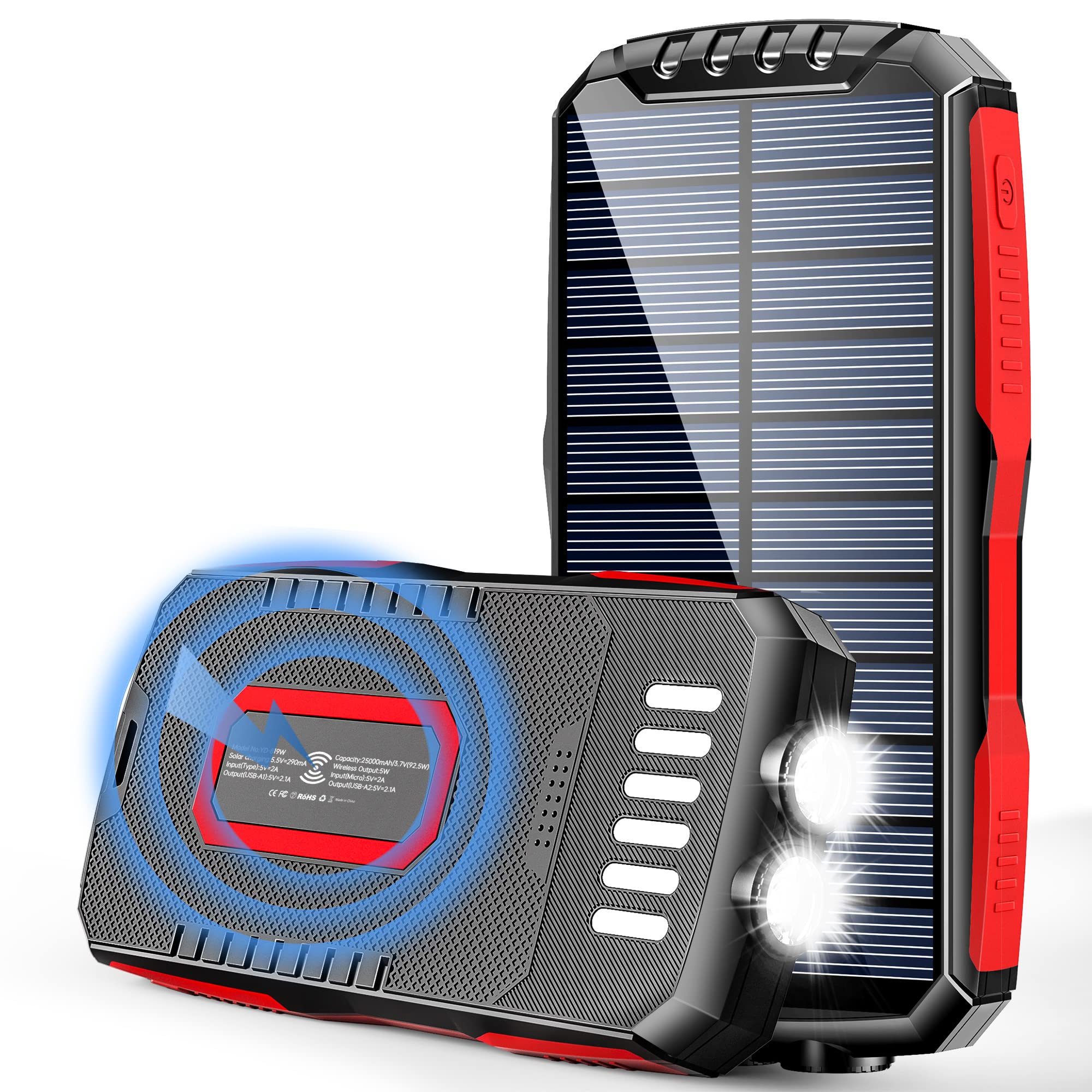 Geneforce 25,000mAh Solar Charger Power Bank - Portable Wireless Charger with Dual USB Outputs, Type-C Input, IP55 Waterproof & Dual Flashlights - Perfect for iPhone, Android, Camping, Hiking & Emergency Power Backup (Black/Red)