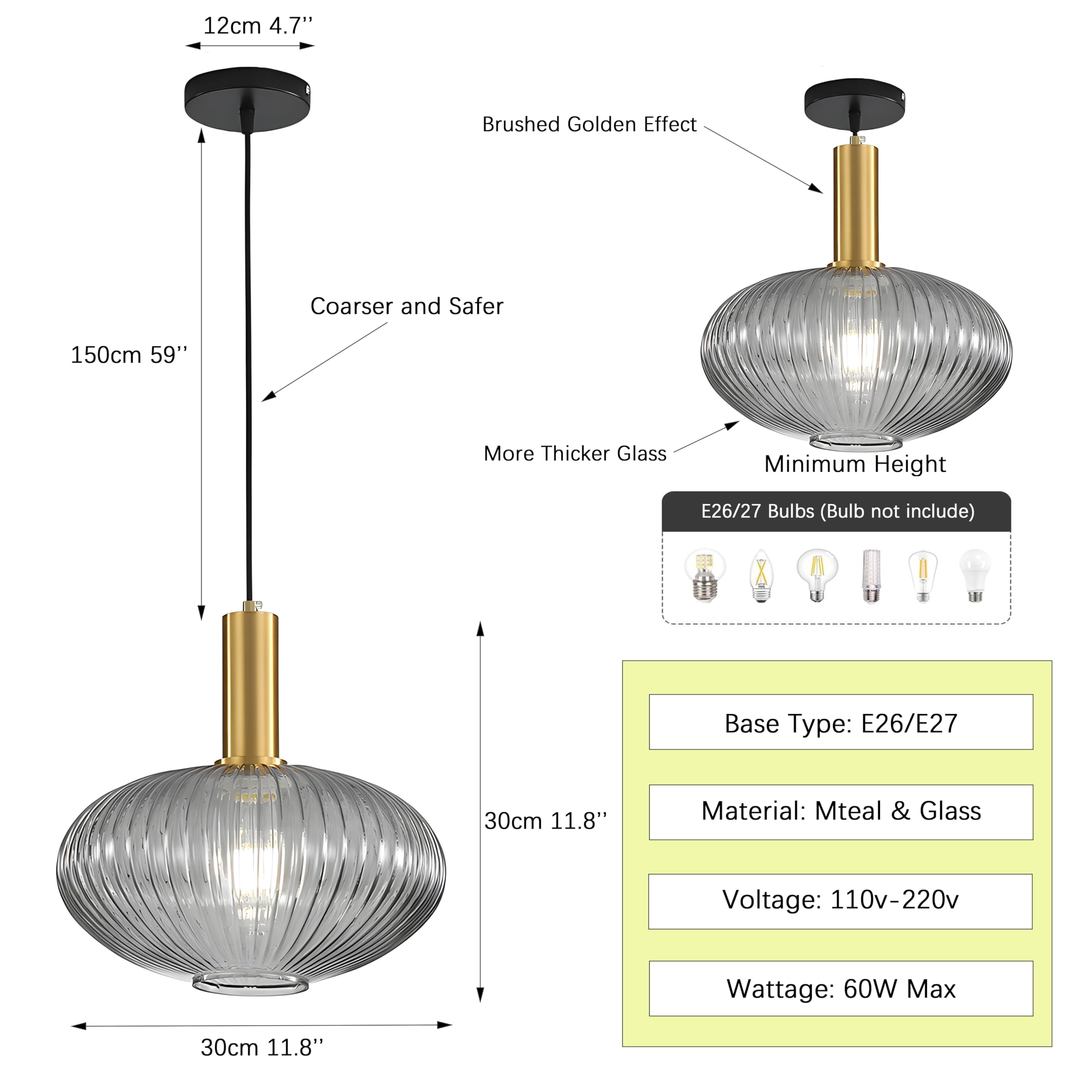 Modern Farmhouse Striped Glass Pendant Light with Gold Socket - 11.81