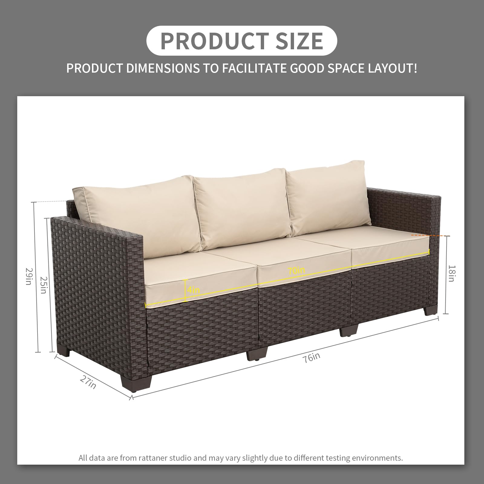Premium 3-Seat Rattan Patio Sofa Set - Waterproof Wicker Outdoor Furniture with Deep Seat, High Backrest & Anti-Slip Cushions (Khaki) - Perfect for Garden, Poolside, and Backyard Relaxation