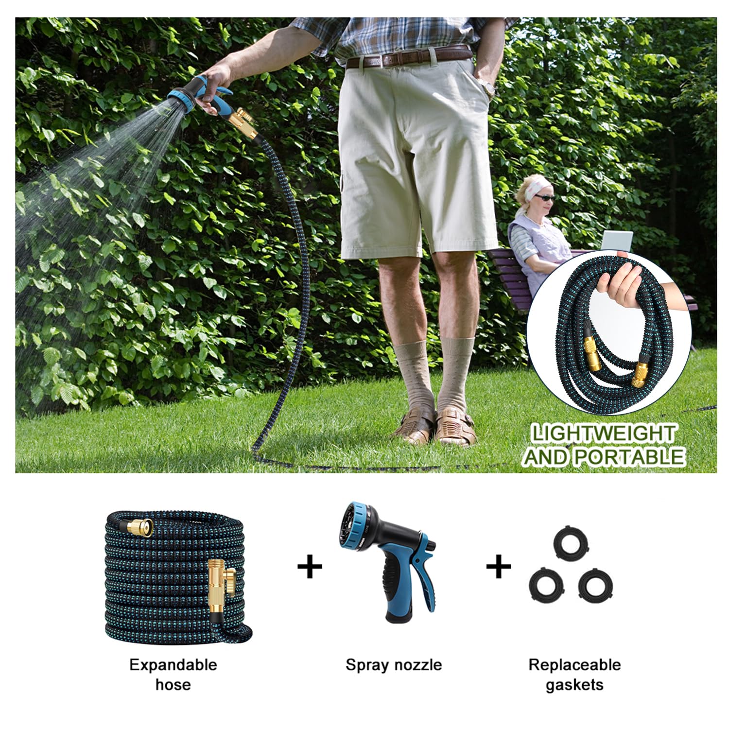 50 FT Expandable Garden Hose with 10-Function High-Pressure Spray Nozzle - Heavy Duty Flexible Water Hose with 3/4