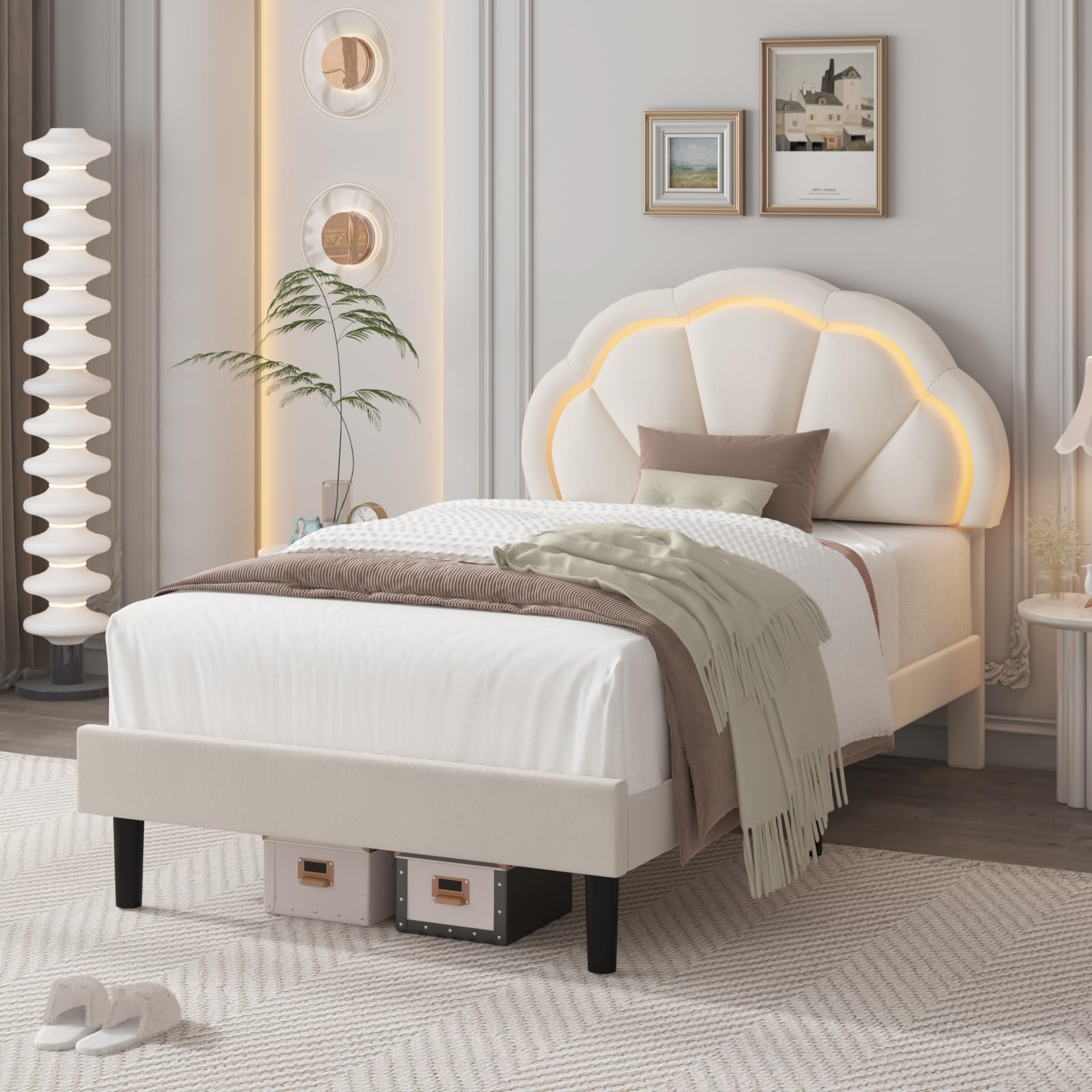 HIFIT Twin Upholstered Smart LED Bed Frame with Adjustable Chic Petal Headboard - Princess Twin Size Platform Bed for Kids & Girls - Wooden Slats Support - No Box Spring Needed - Easy Assembly - Beige - Perfect for Bedrooms, Dorm Rooms & Kids' Rooms