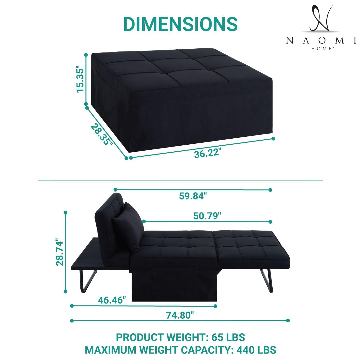 4-in-1 Convertible Sleeper Chair Bed with Adjustable Backrest - Breathable Linen Ottoman Sofa Bed for Living Room, Guest Room & Small Spaces - Modern Multi-Functional Furniture (Black)