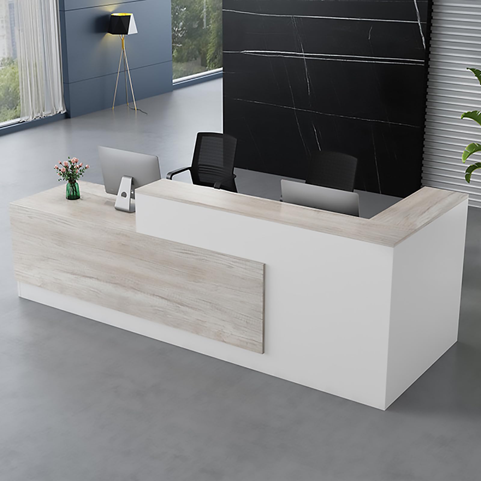 Modern Reception Desk with Open Shelves & Lockable Drawers - Stylish Computer Desk for Salon, Lobby, Hotel Checkout & Office - Perfect for Professional Spaces & Home Offices