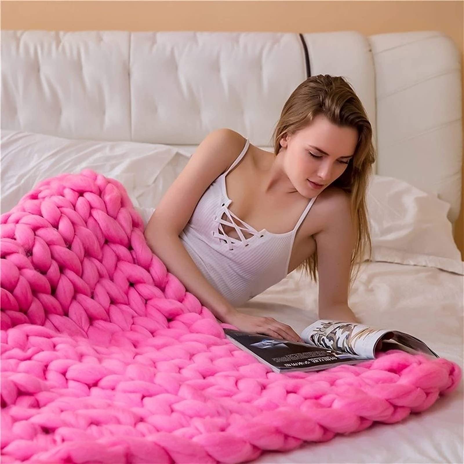 Chunky Knit Blanket Throw - Super Soft Arm Knitted Blanket for Couch, Bed & Fireplace - 80x80 Inches (200x200cm) Pink Cozy Winter Blanket - Perfect for Living Room, Nursery & Gift Giving