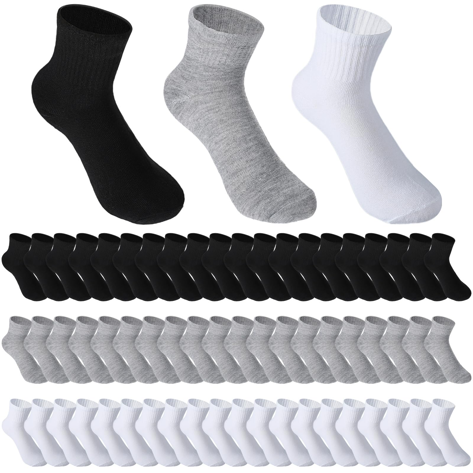 60 Pairs Men's Quarter Ankle Socks - Moisture Wicking Athletic Crew Socks for Running, Gym & Casual Wear - Breathable Unisex Socks for Men & Women (Black, White, Grey) - Perfect for Sports, Workouts & Everyday Comfort