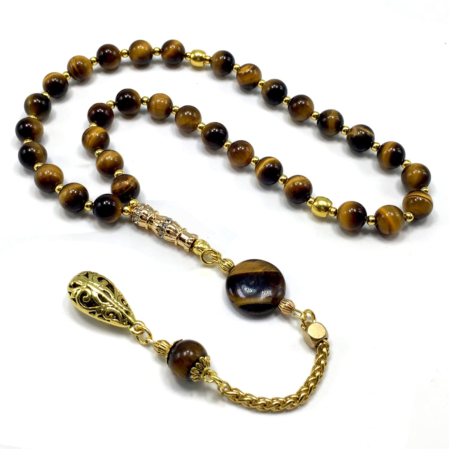 Tiger Eye Stone Worry Beads - 8mm Prayer Beads with Gold Tassel - 33 Beads Tasbih, Misbaha, Rosary for Stress Relief, Meditation & Spiritual Practice - Perfect for Anxiety Relief, Mindfulness & Gift Giving