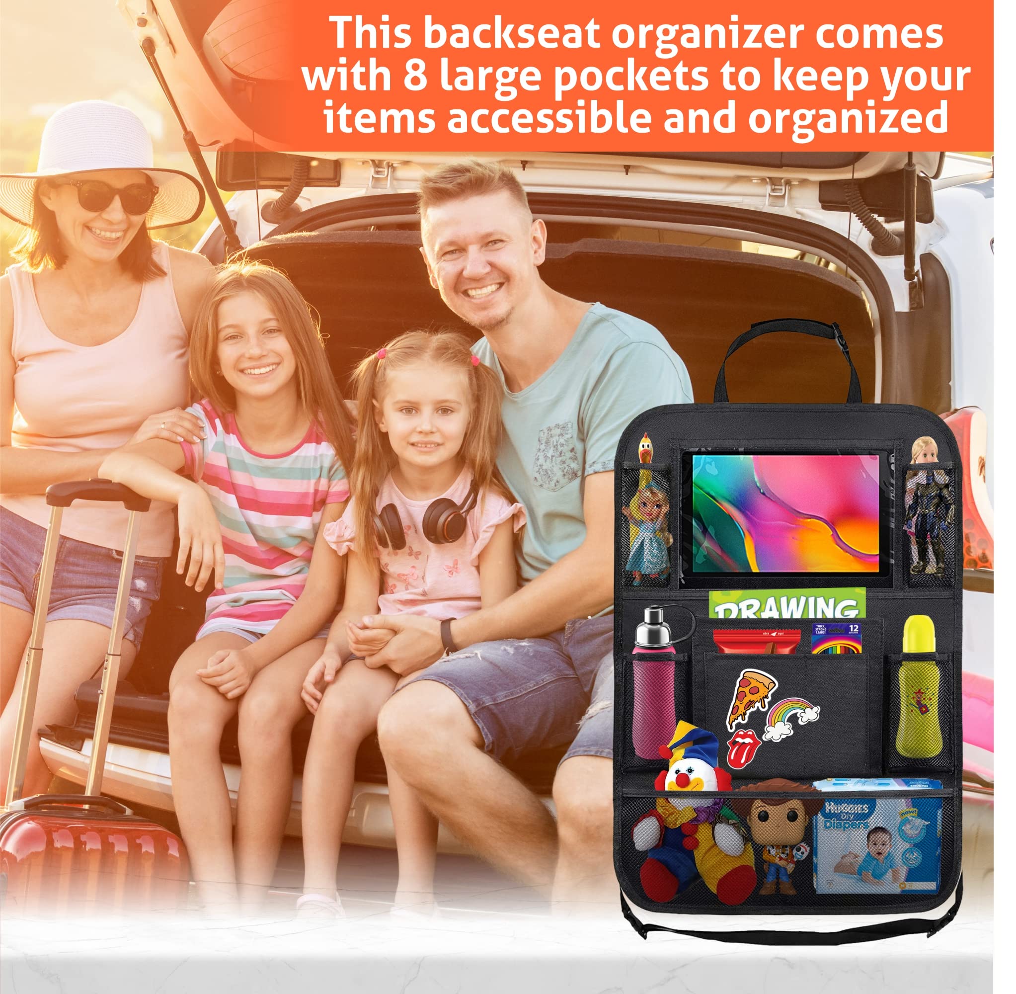 Waterproof & Durable Car Seat Organizer with Tablet Holder - 9-Pocket Back Seat Storage, Built-In Kick Mats & Touch Screen Tablet Holder for Kids | Perfect for Road Trips, Family Travel & Protecting Your Car Seats