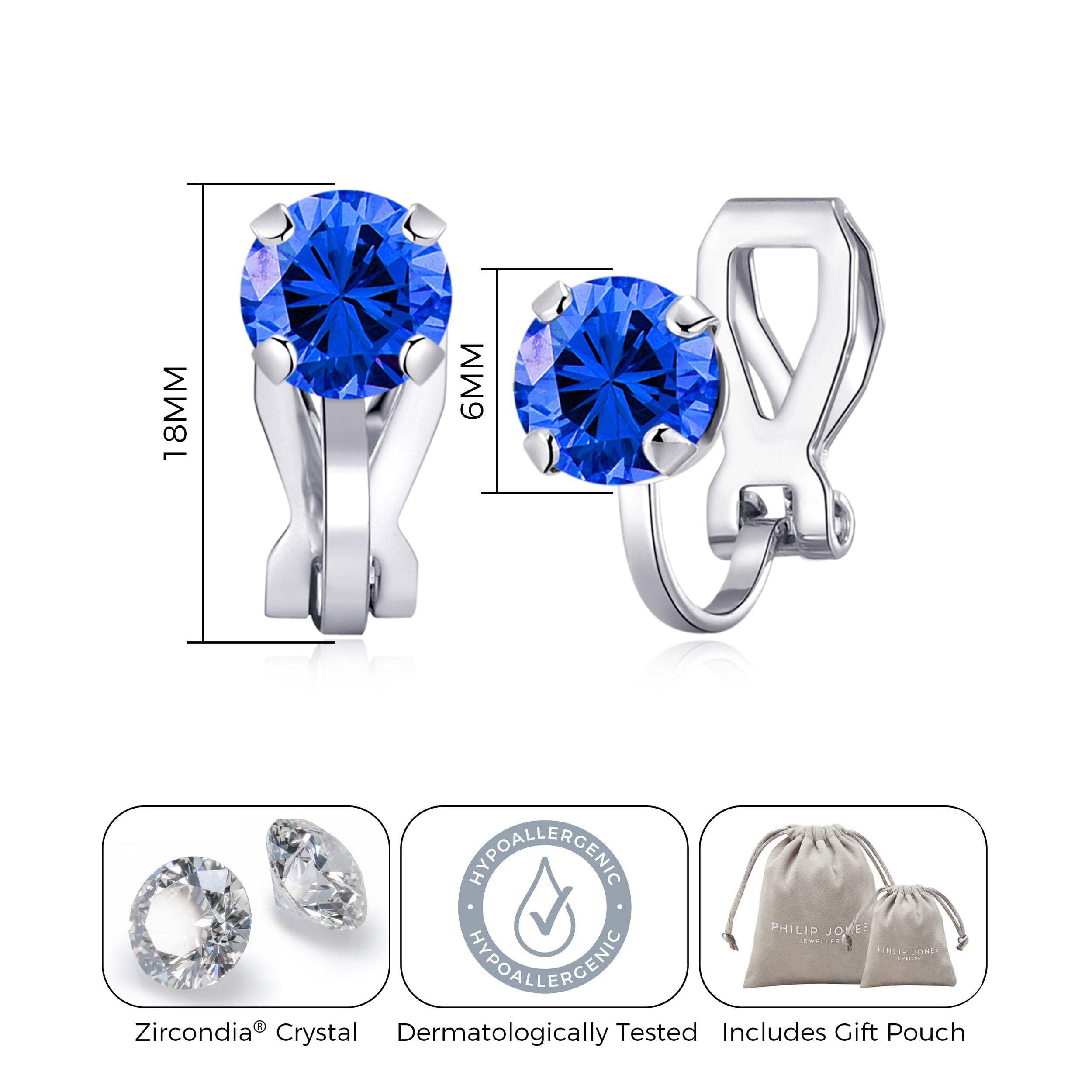 Zirconia Clip-On Earrings for Sensitive Ears - Dark Blue Crystal