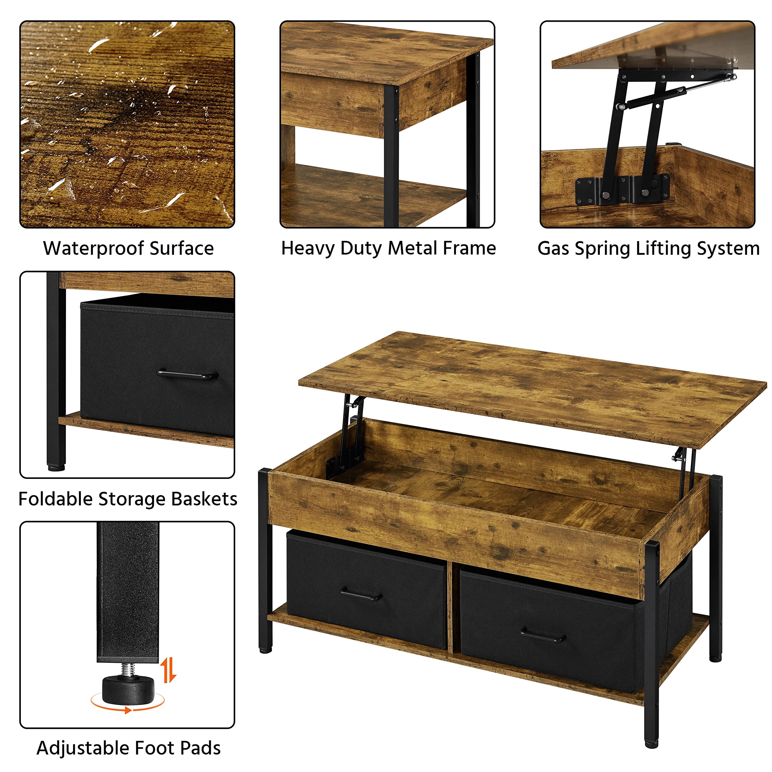 Yaheetech 41.5 Inch Lift Top Coffee Table with Storage - Rustic Brown Wooden Raisable End Table with 2 Fabric Baskets for Living Room & Office - Perfect for Small Spaces, TV Snacking, and Remote Storage