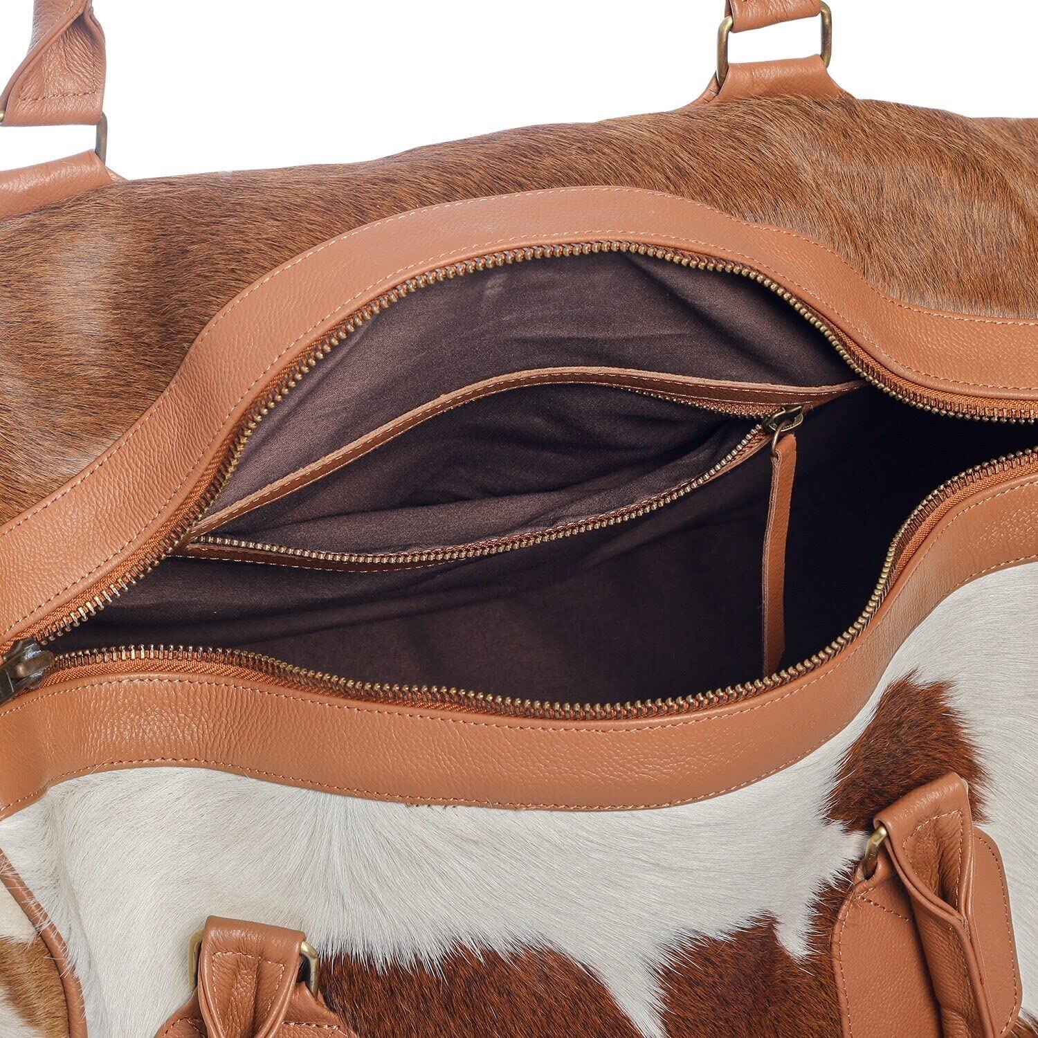 Genuine Cowhide Leather Duffel Bag - Large Exotic Travel & Gym Bag with Hair-on Hide - Choose Tricolor (Black/Brown/Tan) - Perfect for Overnight Trips, Sports & Business Travel