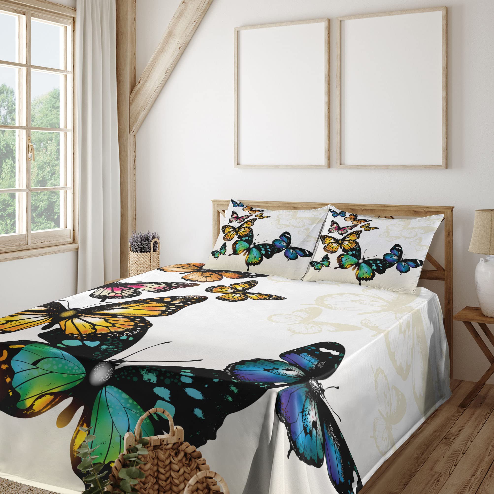 Ambesonne 4-Piece King Butterfly Sheet Set - Vivid Monarch Butterflies Design, Soft Bedding with Fitted Sheet, Flat Sheet & Pillowcases - Multicolor Fantasy Bedroom Decor for Adults & Teens