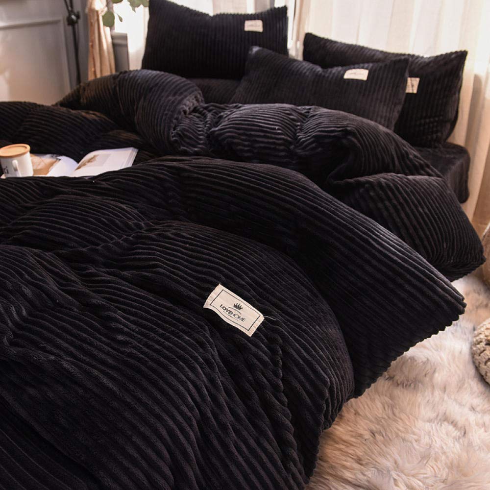 Flannel Duvet Cover Set - 4 Piece Coral Fleece Winter Bedding with Double-Sided Velvet & Thickened Milk Velvet - 1.5m (Black) - Cozy Warm Bedding for Cold Weather & Winter Nights