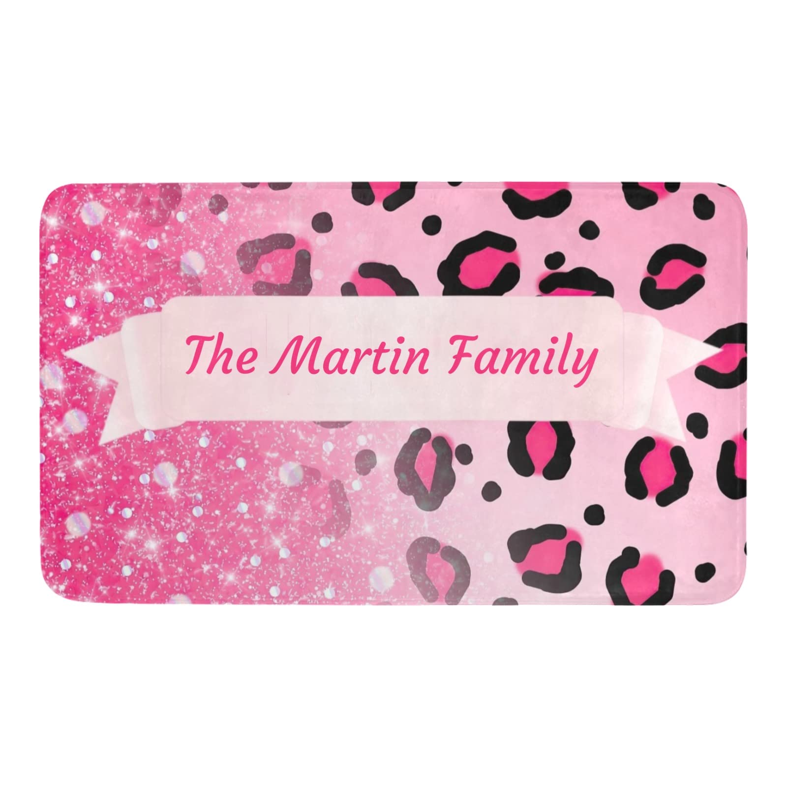 Personalized Sparkly Leopard Print Doormat for Girls - Custom Name Text Indoor/Outdoor Pet-Friendly Welcome Mat - 30