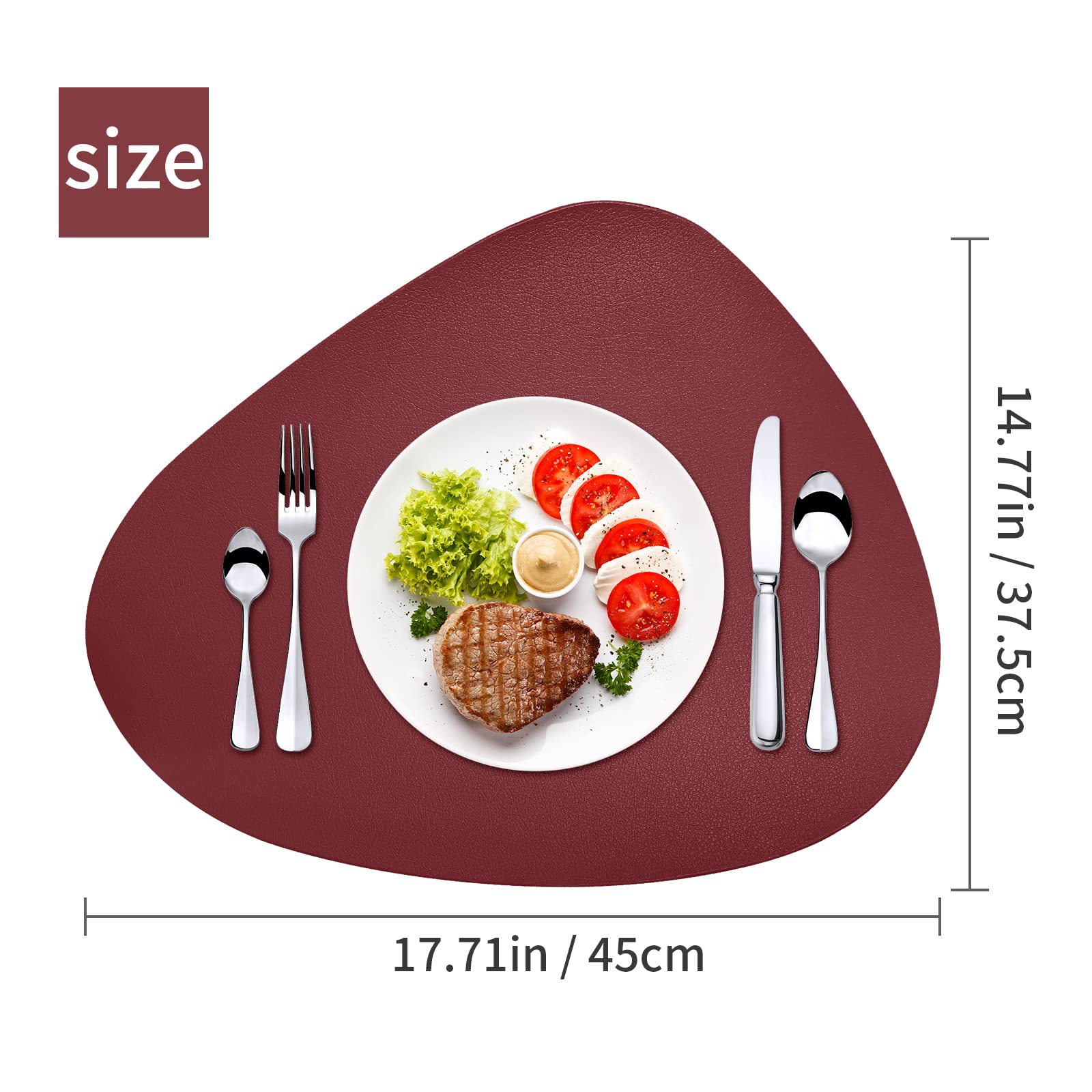 Herda Round Faux Leather Placemats Set of 6 - Wipeable, Washable & Heat Resistant for Kitchen, Dining Table, Patio - Indoor & Outdoor Use - Easy Clean Retro Burgundy Red Placemats for Everyday Meals & Entertaining
