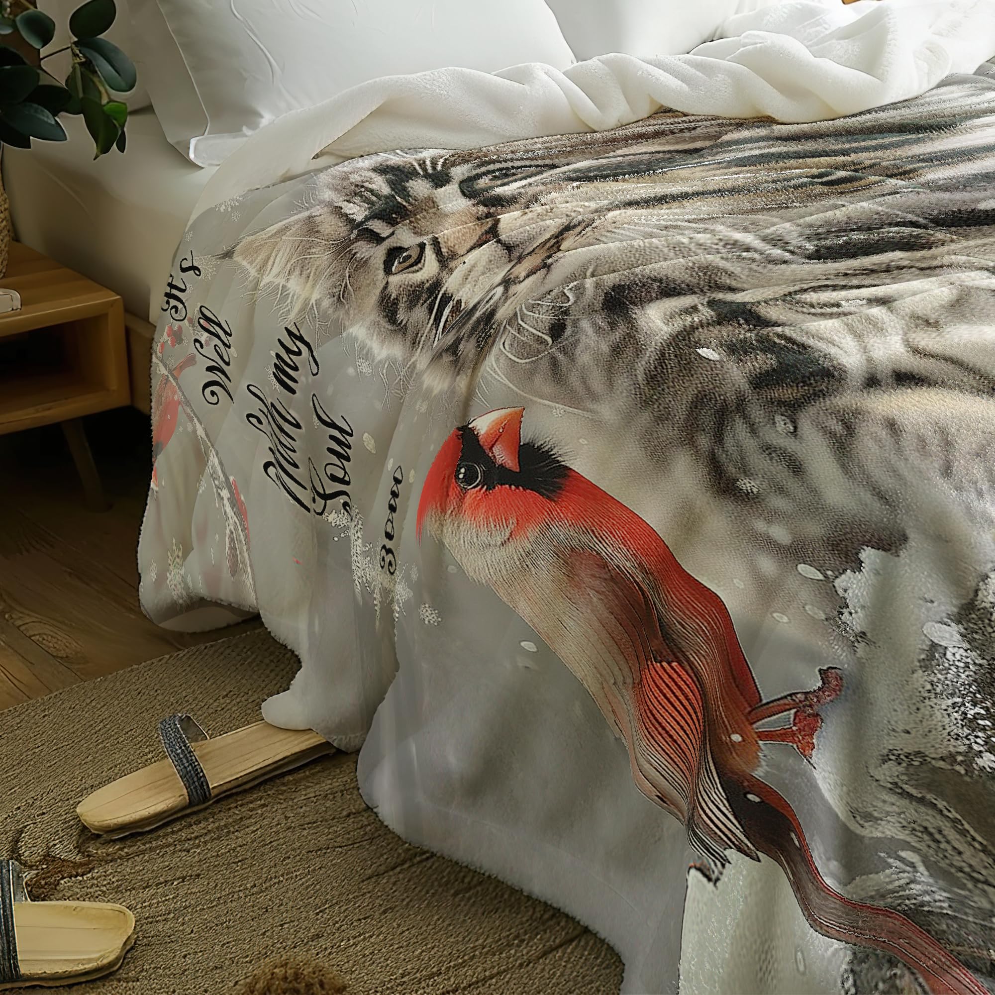 Cat & Cardinal Christmas Throw Blanket - Soft Fleece Plush Blanket for Women & Cat Lovers - 50x40 Inch Warm Cozy Flannel Blanket - Perfect for Sofa, Bed, Couch Decor & Holiday Gifts - Great for Winter Snuggling, Home Decor & Pet Lover Presents
