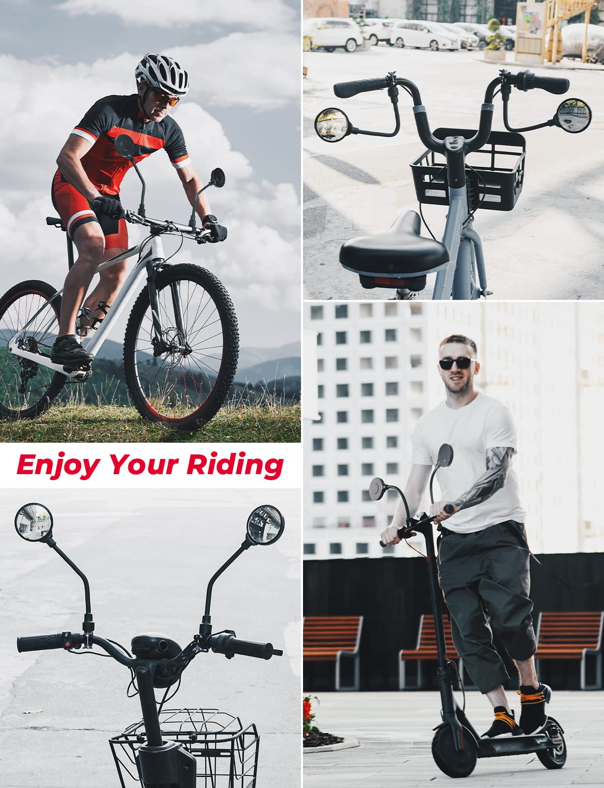 KEMIMOTO 360° Adjustable Bike Mirrors - Universal Handlebar Mount for E-Bike, Road Bike, Mountain Bike & Scooter - 2 Pack Acrylic Convex Safety Mirrors with Long Extension | Perfect for Commuting, Off-Roading & Urban Riding