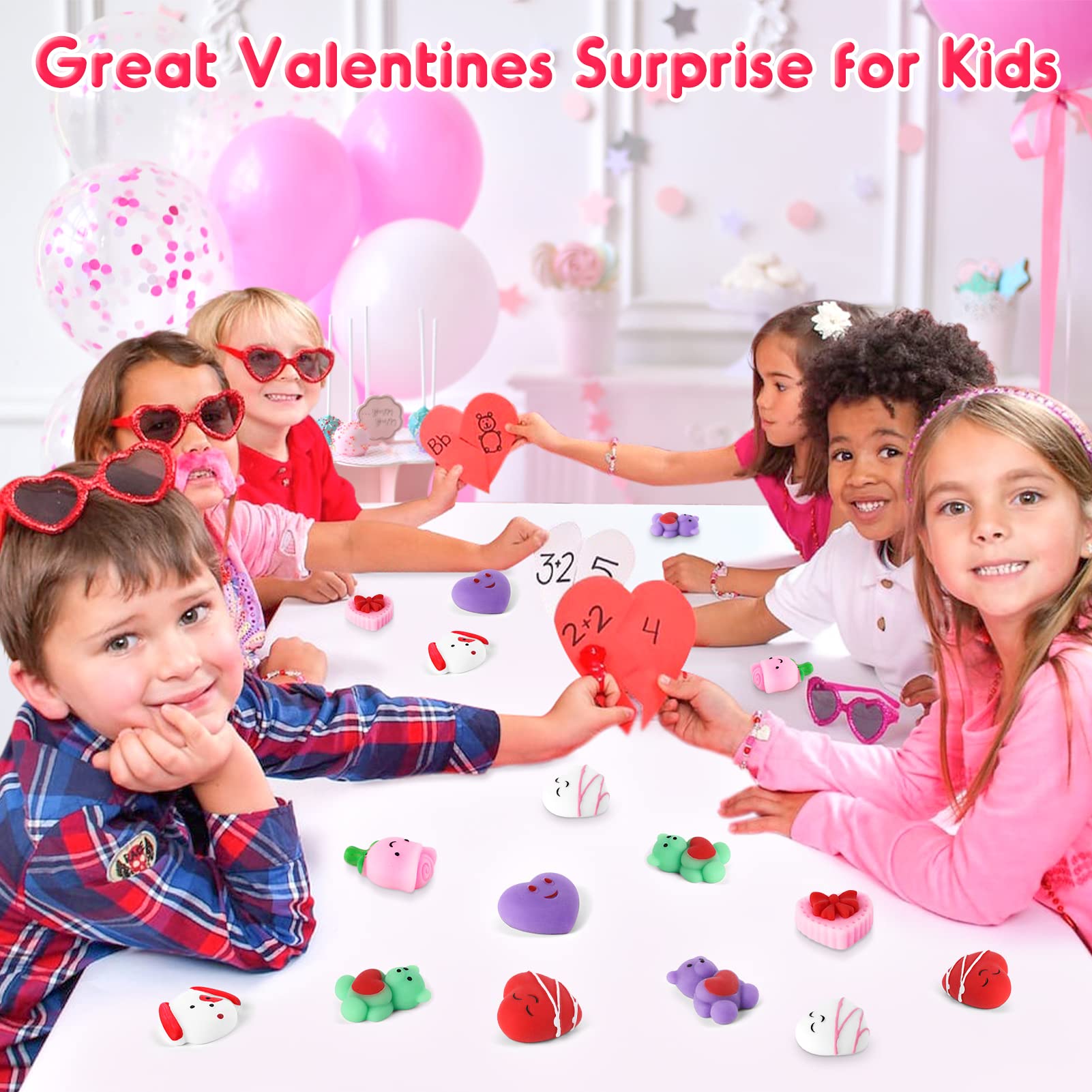 NPET 30-Piece Mochi Squishy Toys Set - Cute Heart, Rose & Bear Stress Relief Valentine's Day Gifts for Kids & Adults | Fun Sensory Fidget Toys for Anxiety Relief, Party Favors & Classroom Rewards