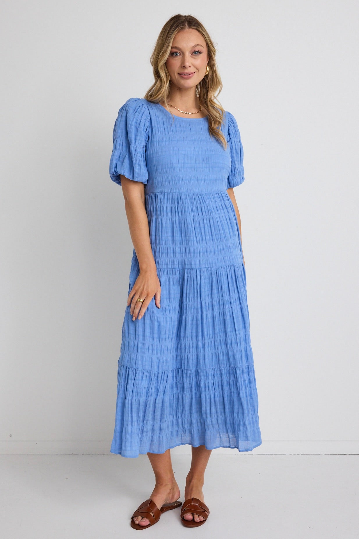Elegant French Blue Shirred Cotton Bubble Sleeve Tiered Maxi Dress for Women | Summer Beach Wedding Guest Dress | Perfect for Vacations, Parties & Special Occasions