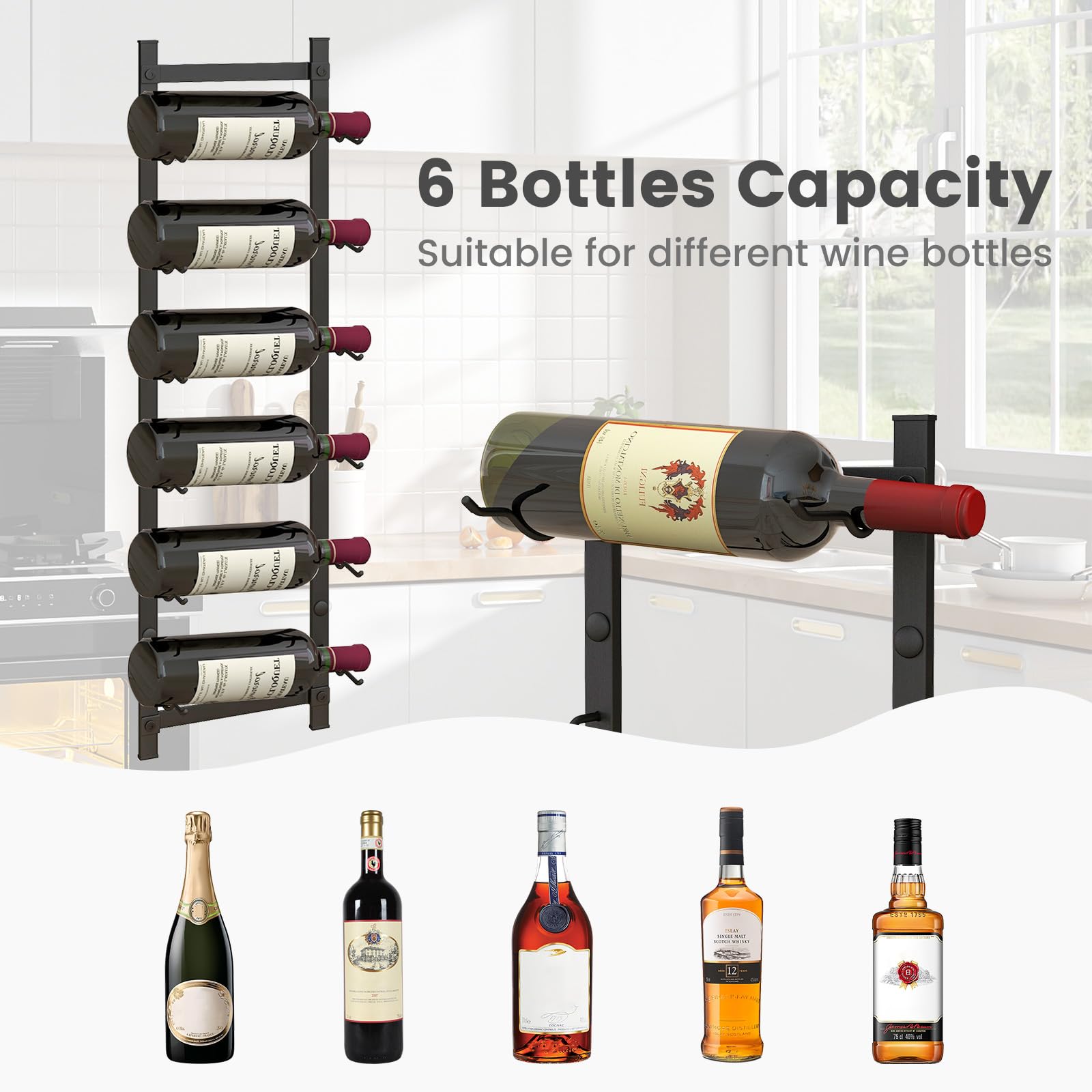 GOFLAME Wall Mounted Wine Rack for 6 Bottles - Rustproof Metal Hanging Wine Holder - Space Saving Wine Storage Organizer for Kitchen, Dining Room, Bar & Cellar - Perfect for Home Decor & Entertaining Guests (Black)