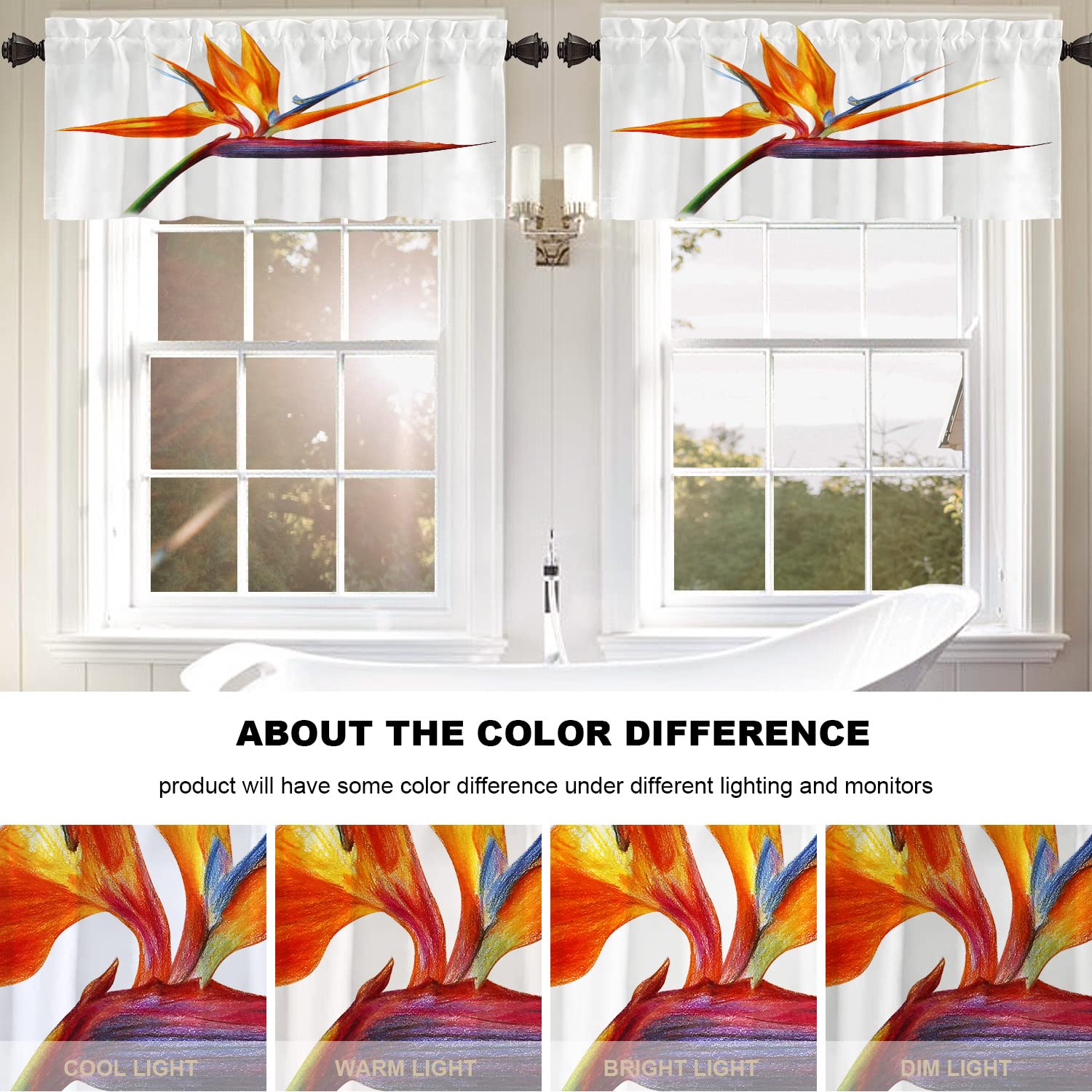 Flower Tropical Kitchen Valances Window Curtain - Bird of Paradise Orange Tropical Blackout Drapes for Decorative Home Decor, Perfect for Kitchen, Bedroom, and Living Room