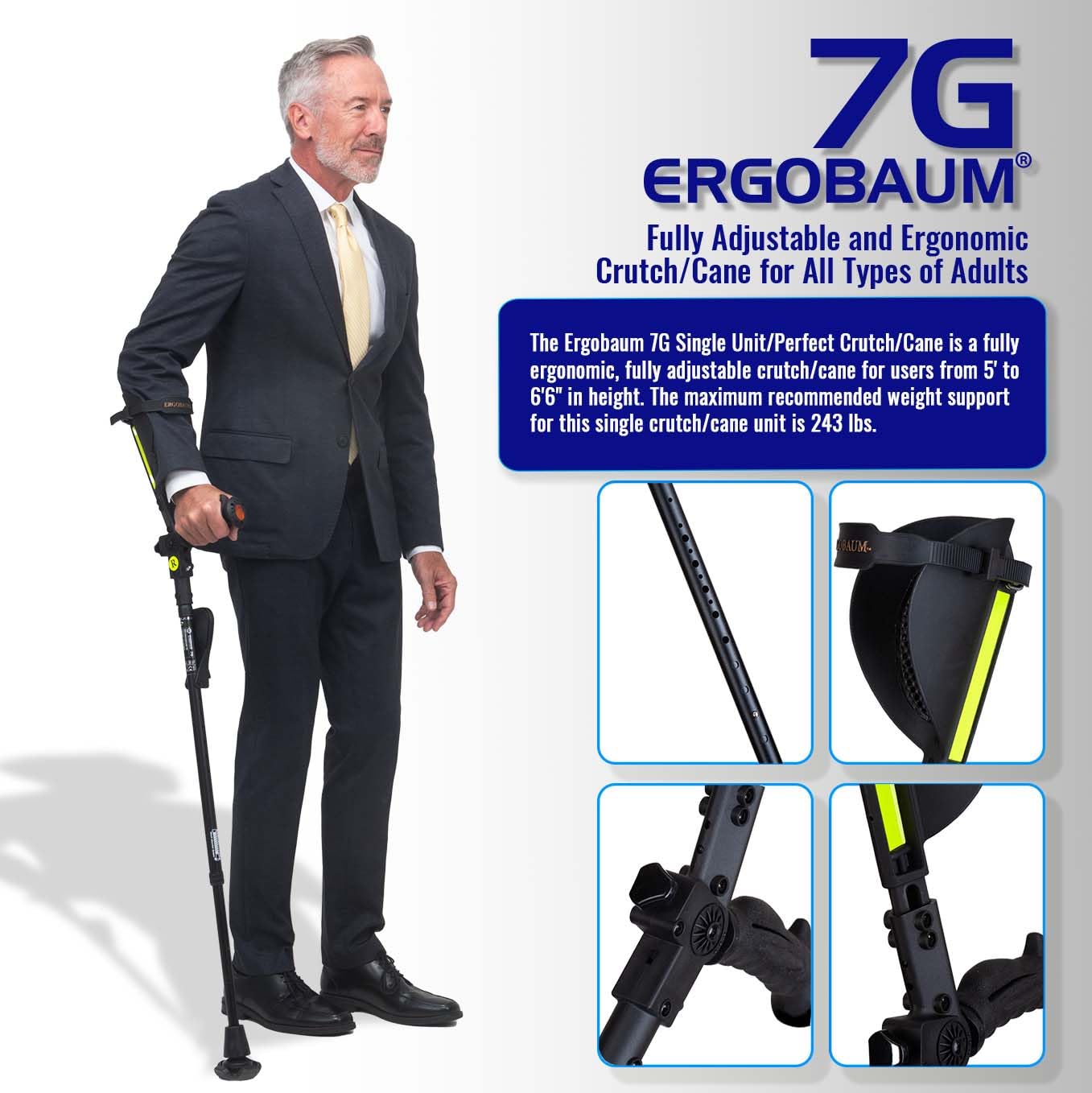 New Generation Ergobaum Perfect Cane - Ergonomic Crutch & Walking Cane for Extra Balance & Support (Single Unit) | Ideal for Seniors, Injury Recovery & Mobility Assistance
