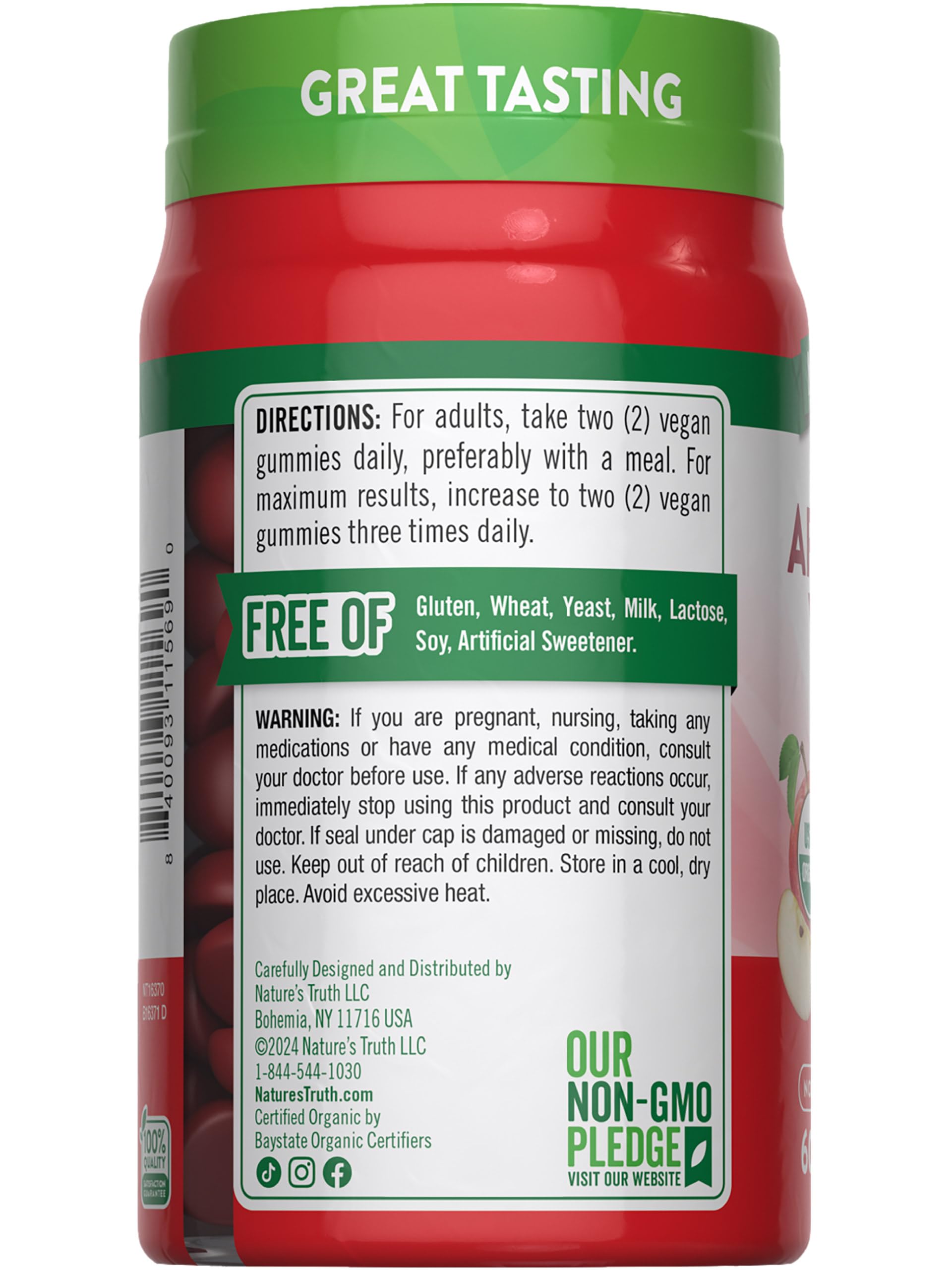 Nature's Truth Organic Apple Cider Vinegar Gummies - 60 Count | Vegan, Gluten Free & Non-GMO Supplement | USDA Certified Organic | Delicious Apple Flavor | Perfect for Daily Wellness & Immune Support