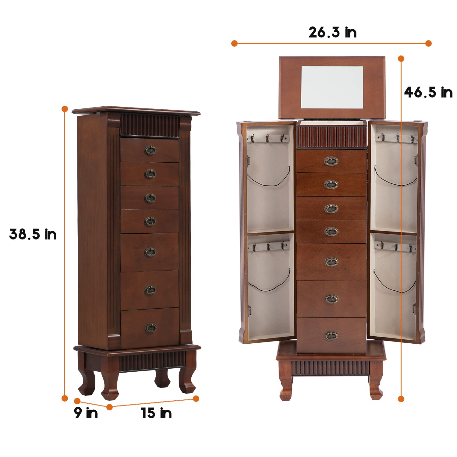 FDW Wooden Jewelry Cabinet with 7 Drawers, Side Doors & Makeup Mirror - Jewelry Storage Organizer & Armoire for Necklaces, Rings, Earrings - Perfect for Bedroom, Closet & Vanity Organization