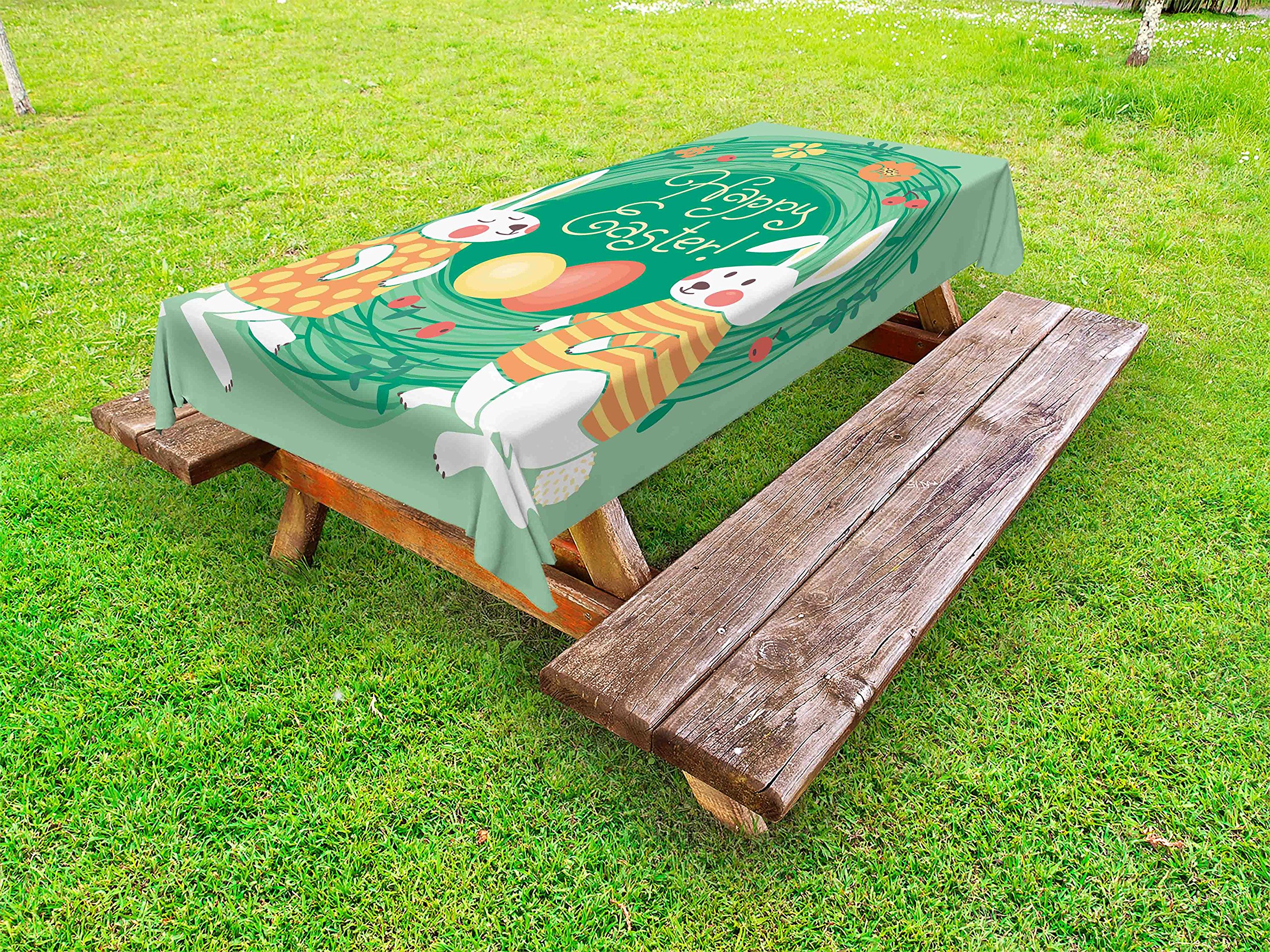 Lunarable Easter Outdoor Tablecloth - Vintage Retro Bunnies & Colorful Eggs Floral Wreath Design, Washable Picnic Table Cover 58x120 Inches, Jade Green & Orange - Perfect for Spring Parties, Easter Decorations & Outdoor Dining