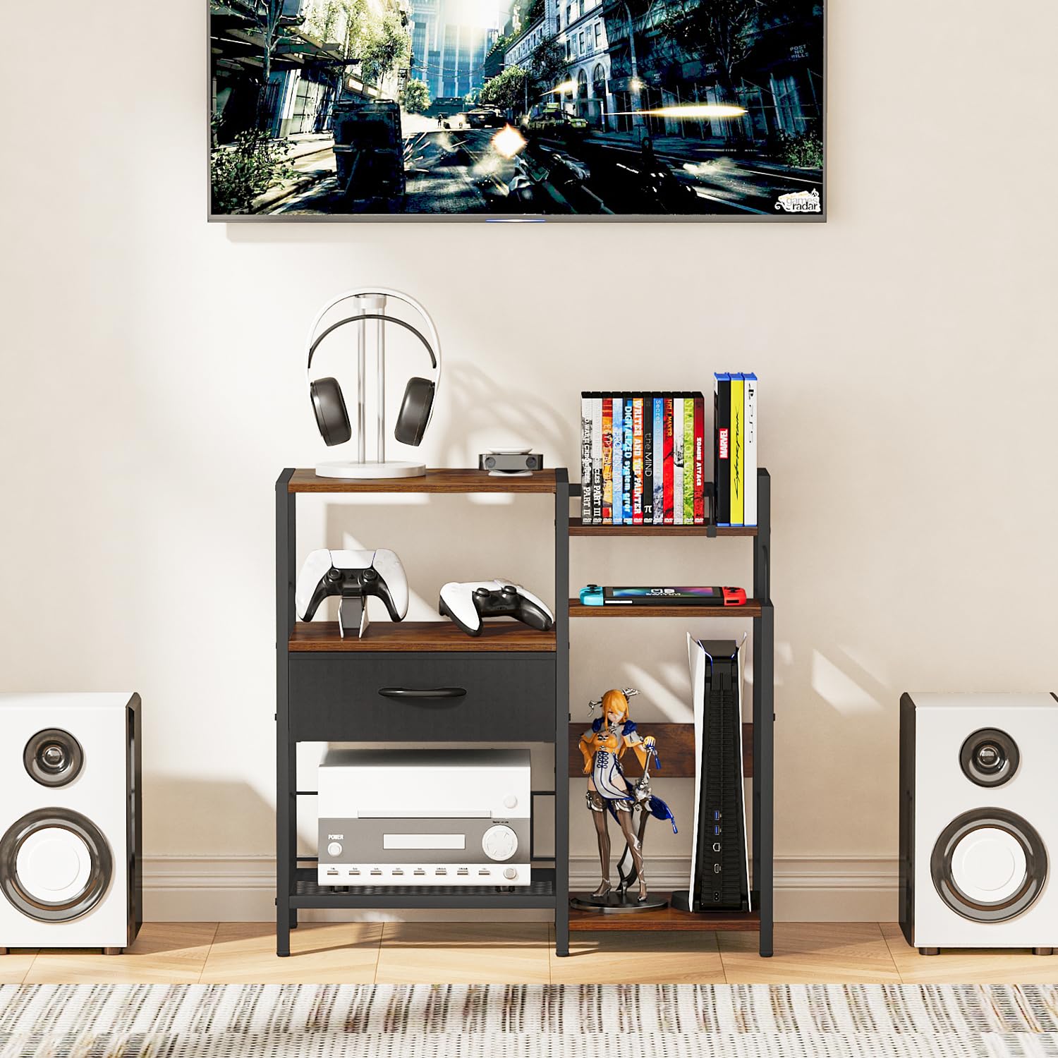 Snughome AV Media Stand - TV Entertainment Center with DVD, Video Game Storage & Record Player Shelf | Perfect for Living Room, Home Theater & Gaming Setup