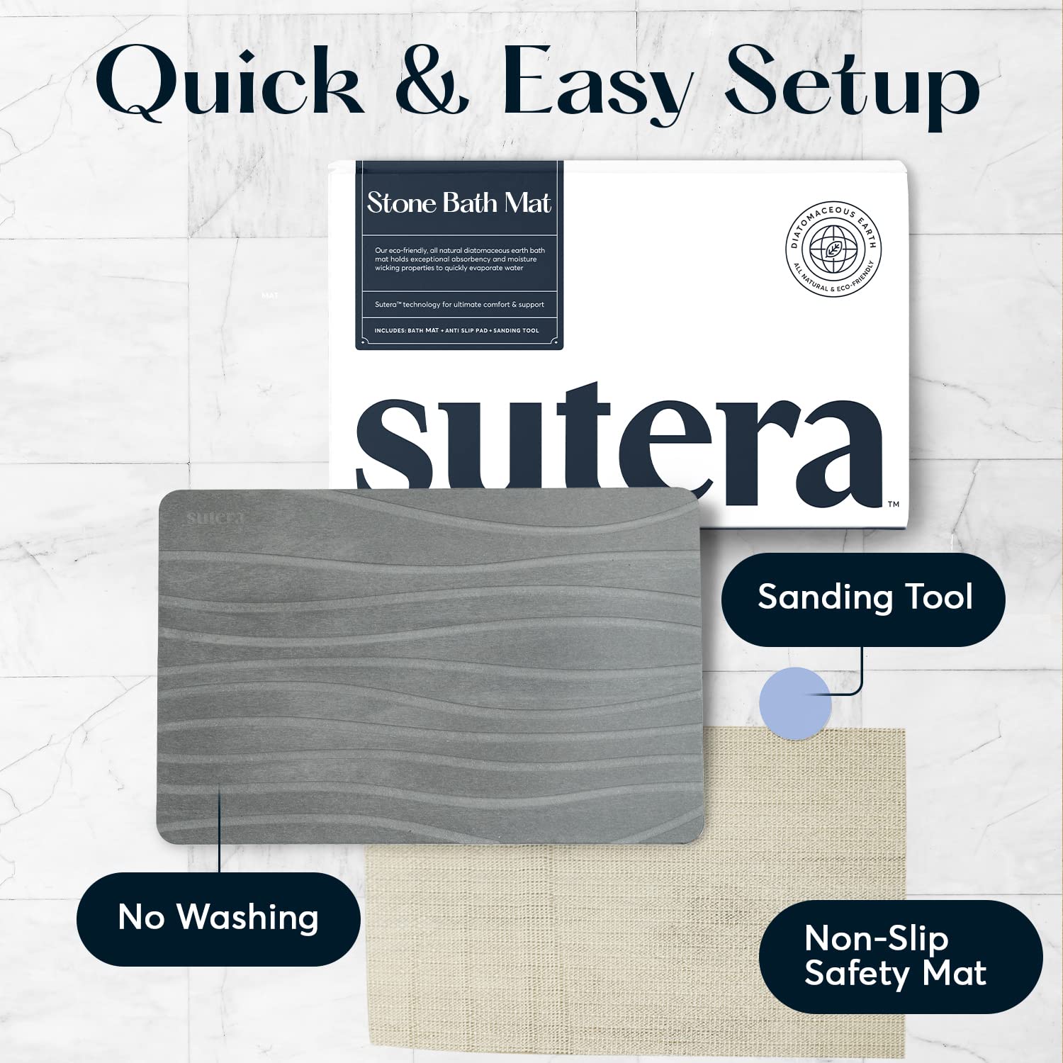 SUTERA - Non-Slip Stone Bath Mat Set with Waffle Bath Towel & Hand Towel, Soft & Absorbent, Gray - Perfect for Bathroom, Spa, and Luxury Home Decor