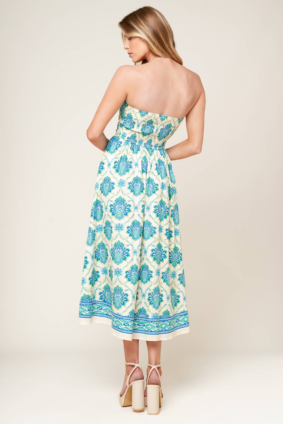 Elegant Strapless Midi Dress in Blue & Green - Perfect for Weddings, Parties & Summer Outings