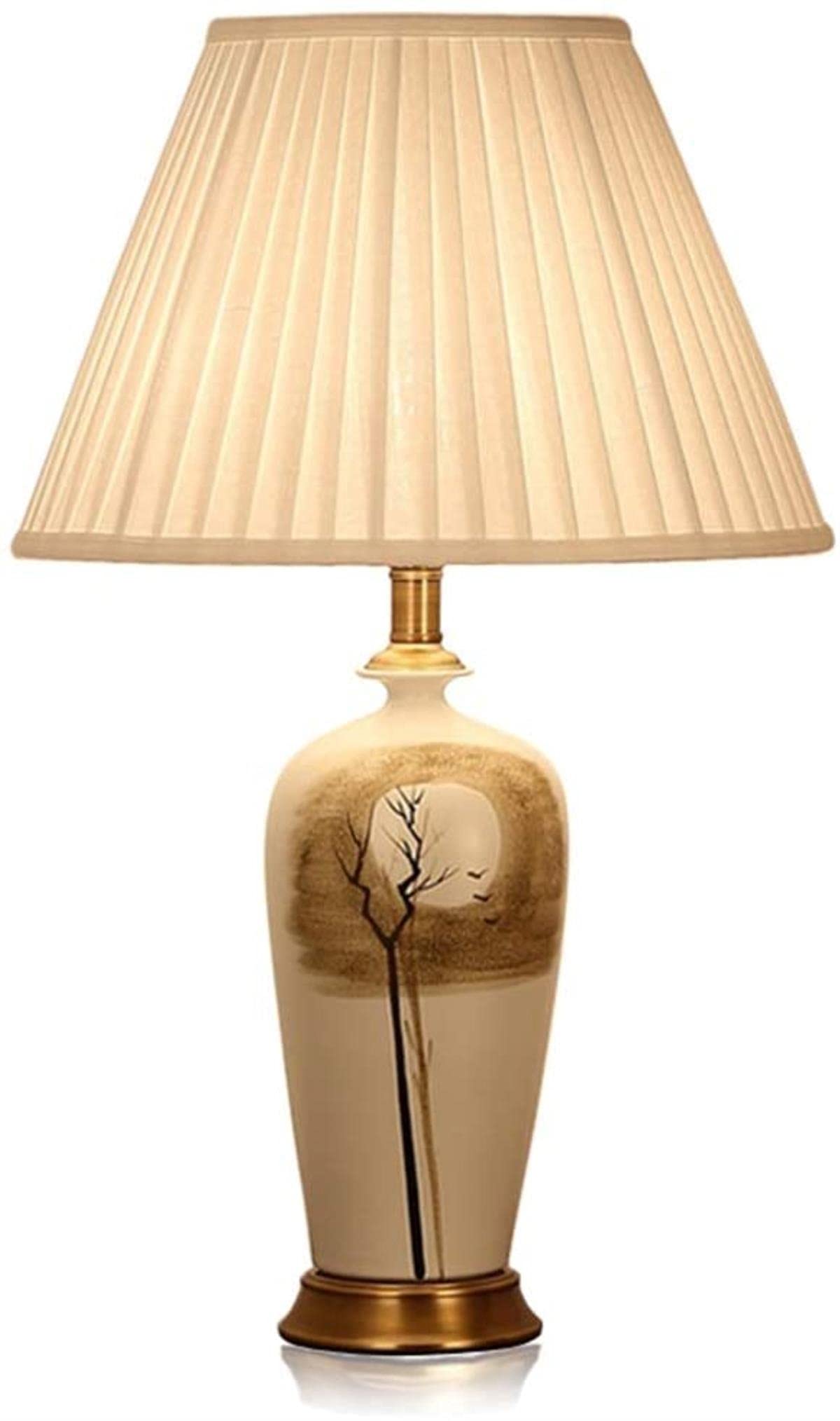 Ceramic White Table Lamp with Pleated Lampshade & Copper Base - E27 Reading Light for Bedroom, Cafe, Western Restaurant & Office Desk - Decorative Patterned Lighting (White)