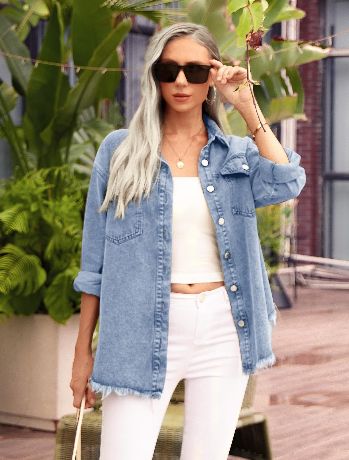 HWOKEFEIYU Women's Oversized Denim Jacket - Distressed Boyfriend Style Long Jean Coat for Casual Wear | Perfect for Street Style, Layering & Everyday Outfits