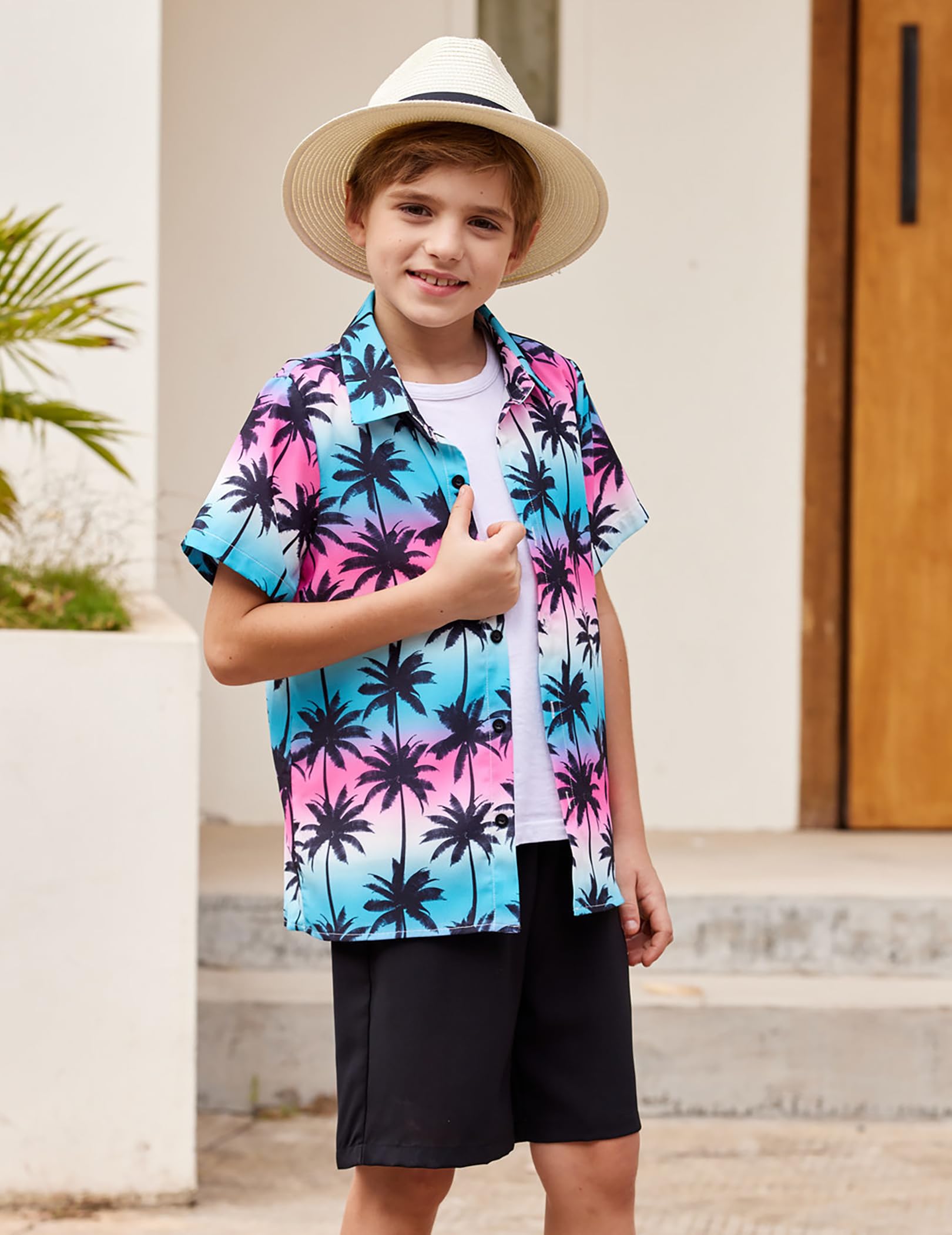 Arshiner Boys 2-Piece Hawaiian Outfit Set - Button Down Shirt & Shorts, Summer Beach Clothes for Kids 4-12 Years | Perfect for Vacation, Pool Party & Tropical Getaways