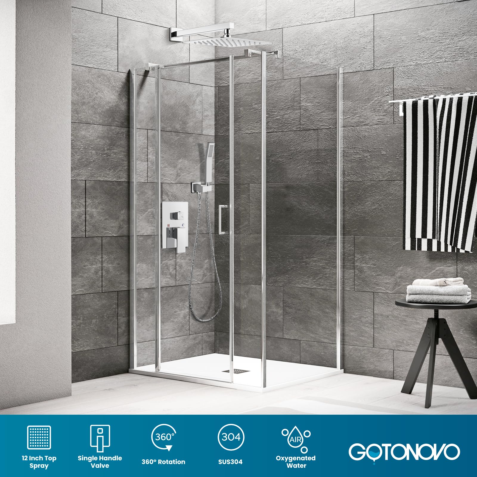 Gotonovo Rainfall Shower System - 12 Inch Polished Chrome Wall Mounted Shower Head with Pressure Balancing Mixer Valve - Complete Bathroom Shower Combo for Luxurious Spa Experience at Home