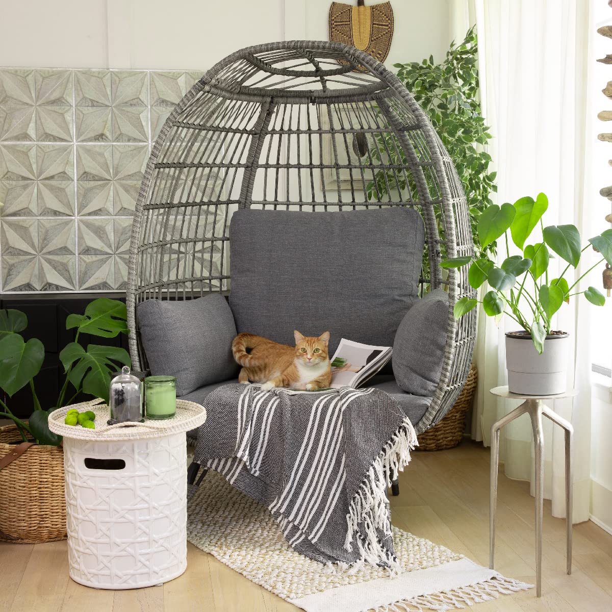 Barton Oversized Egg Style Wicker Chair with Canopy & Cushions - Grey Patio Lounge Basket Chair for Outdoor Relaxation, Garden, Poolside or Balcony